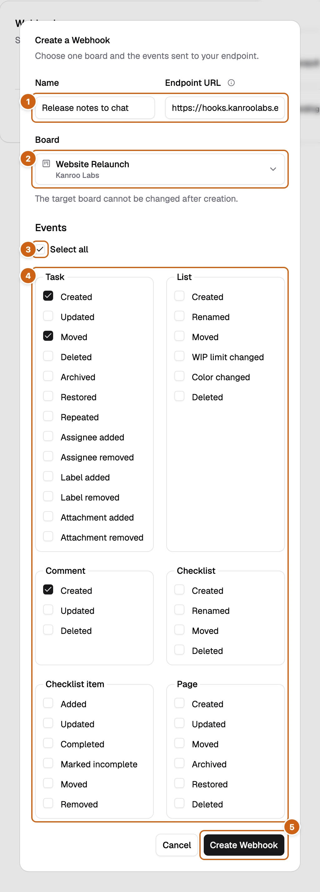 The Create a Webhook dialog with five numbered boxes: Name and Endpoint URL, Board, Select all, the event groups, and Create Webhook