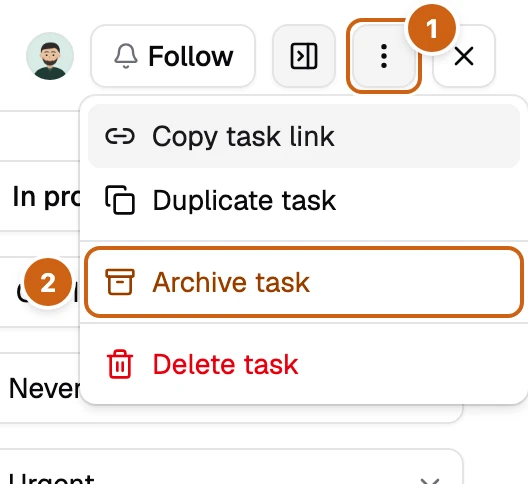 The task actions menu with two numbered boxes: the menu button and Archive task