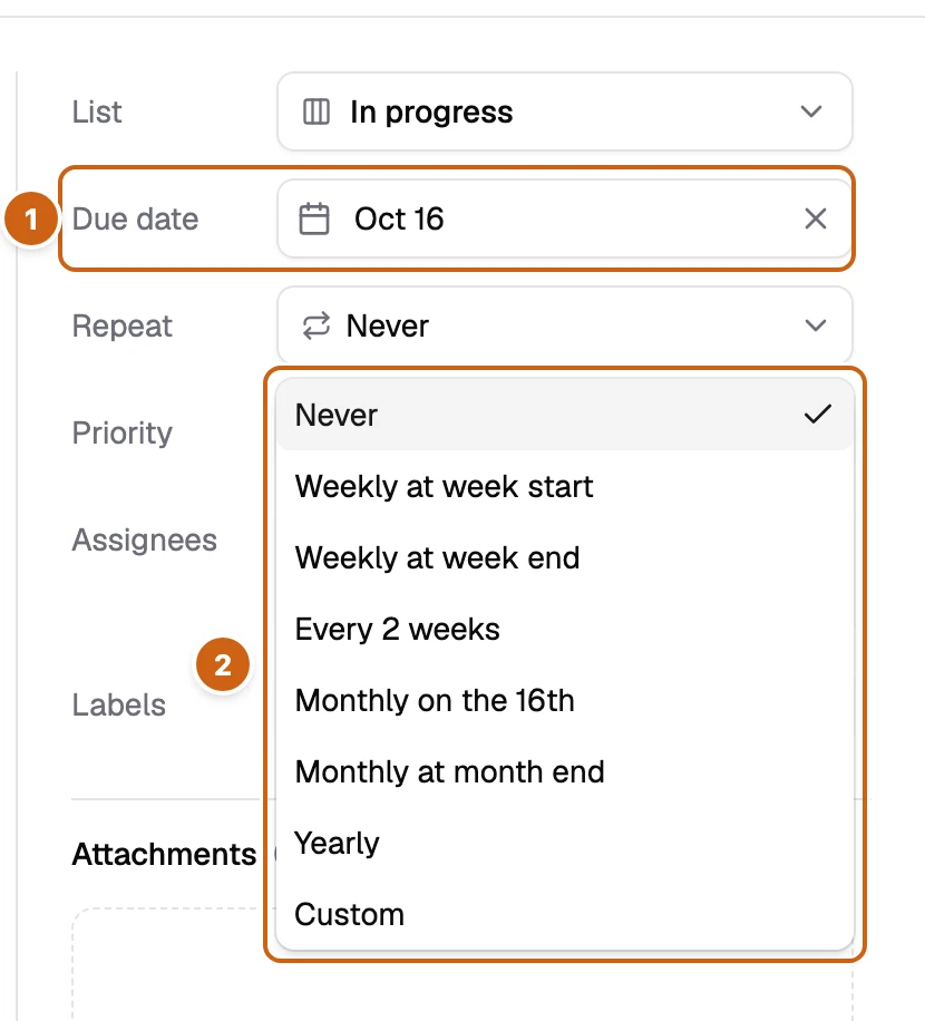 The task side column with the Repeat menu open and two numbered boxes: the due date and the repeat options