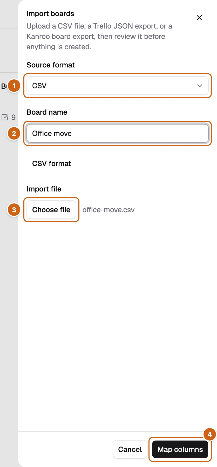 The Import boards panel with four numbered boxes: Source format, Board name, Choose file, and Map columns