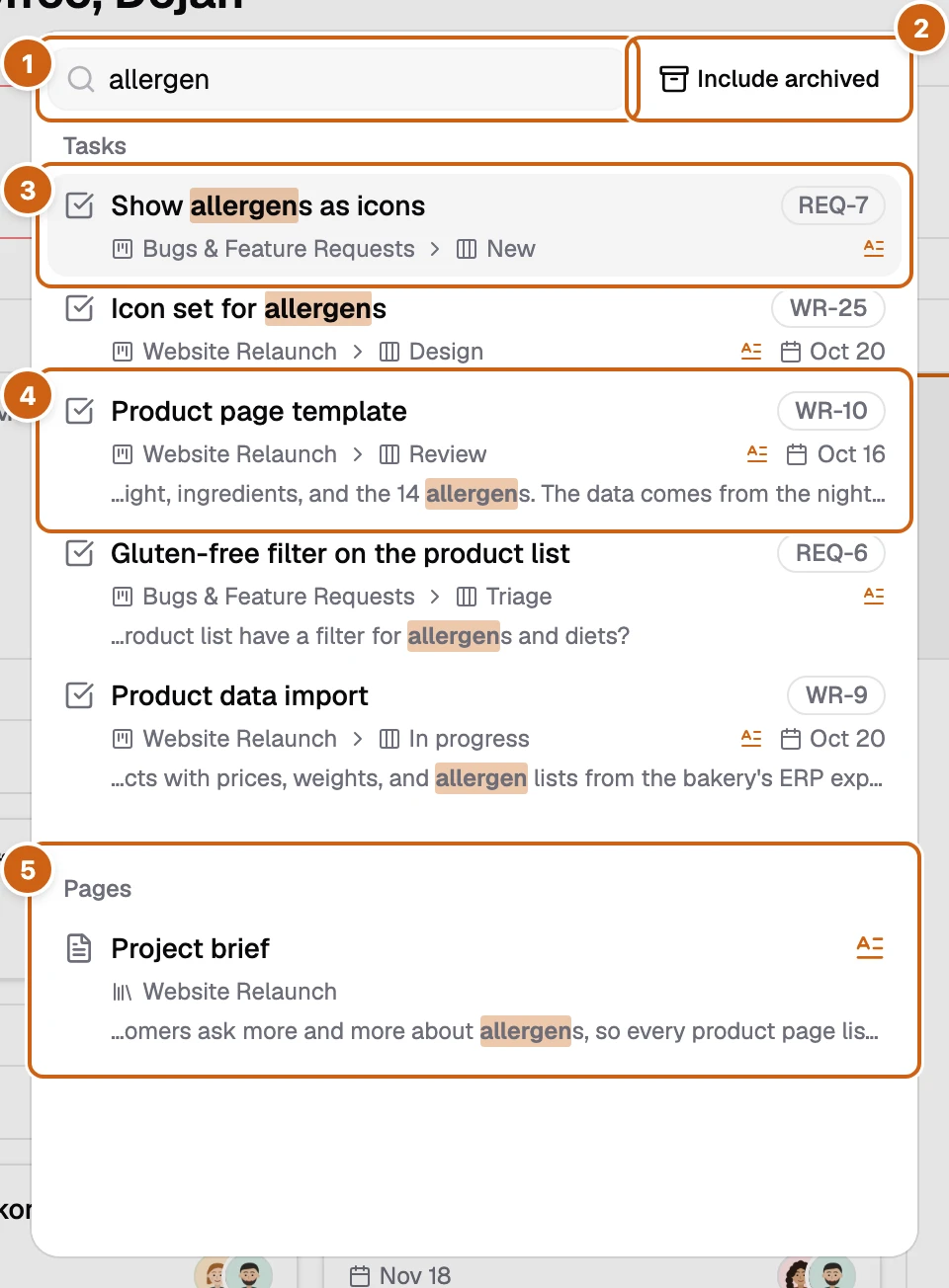 The Kanroo search dialog with the query "allergen" and five numbered boxes: search field, Include archived, the first task, a task with a description snippet, and the Pages group