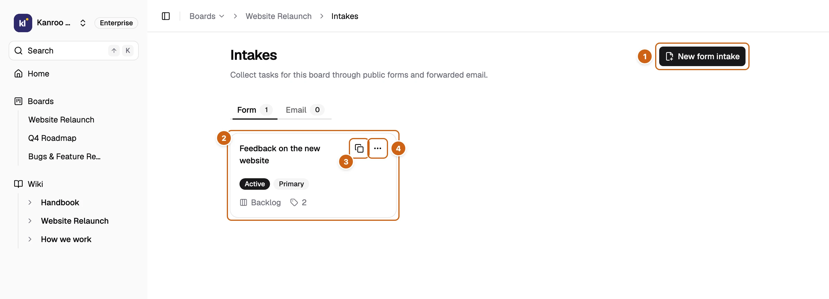 The Intakes page of the Website Relaunch board with four numbered boxes: New form intake, the form card, Copy link, and the card menu