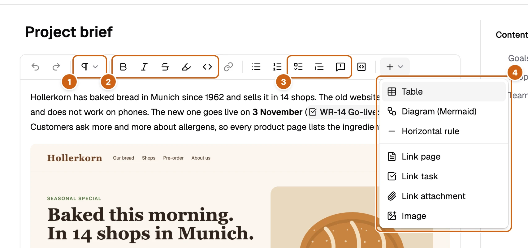 The editor toolbar with the Insert menu open and four numbered boxes: Text style, the inline formats, Task list to Callout, and the Insert menu
