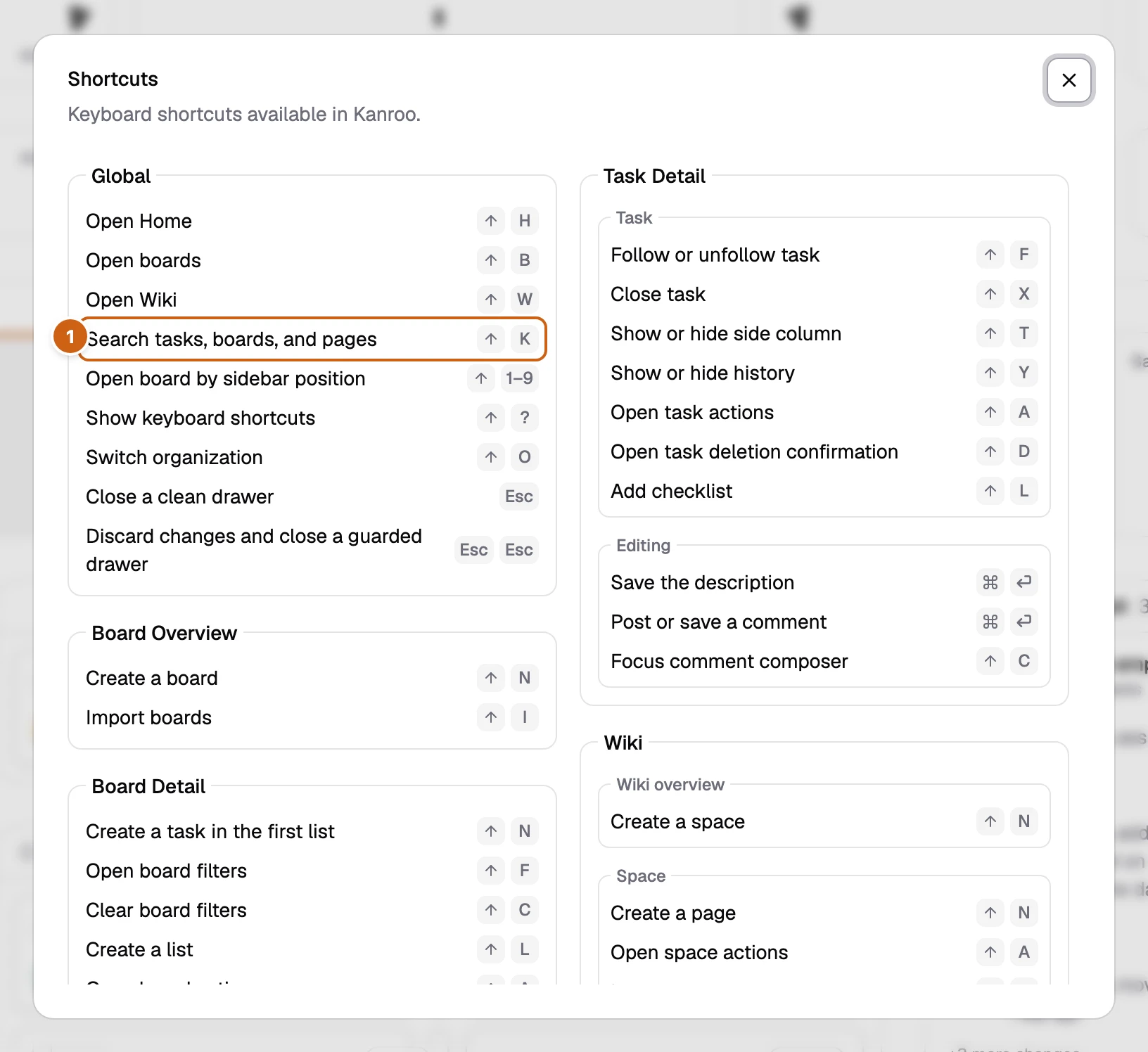 The Kanroo Shortcuts dialog with the Global group; one numbered box marks the search shortcut