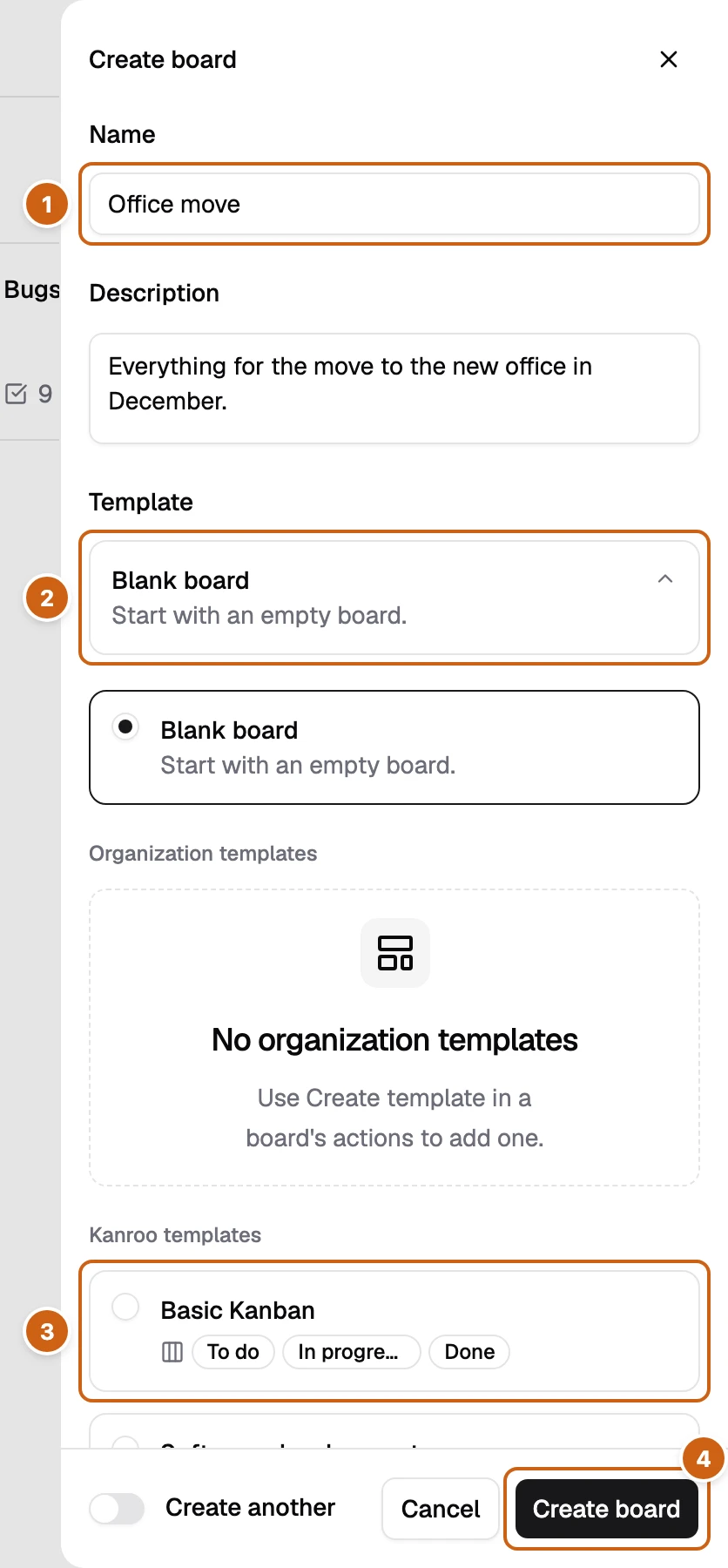 The Create board panel with four numbered boxes: Name, Template, the Basic Kanban template, and Create board