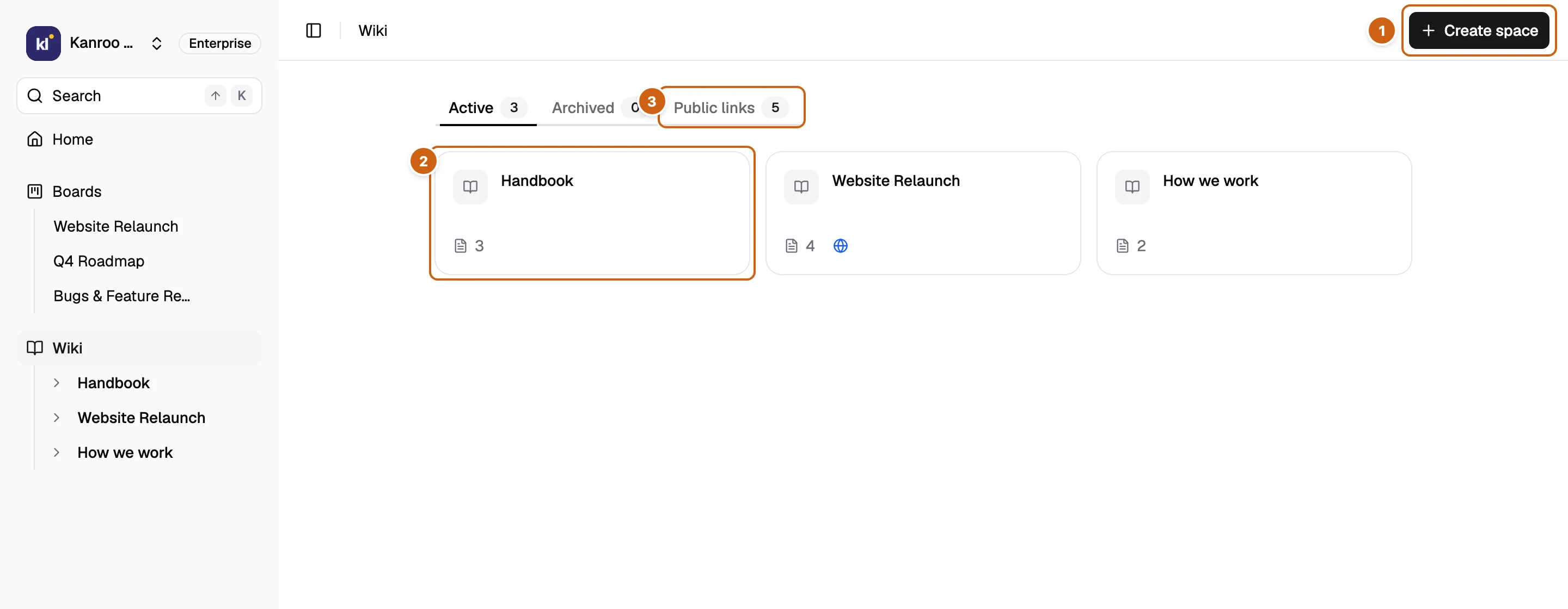 The Wiki page with three numbered boxes: Create space, a Space card, and the Public links tab