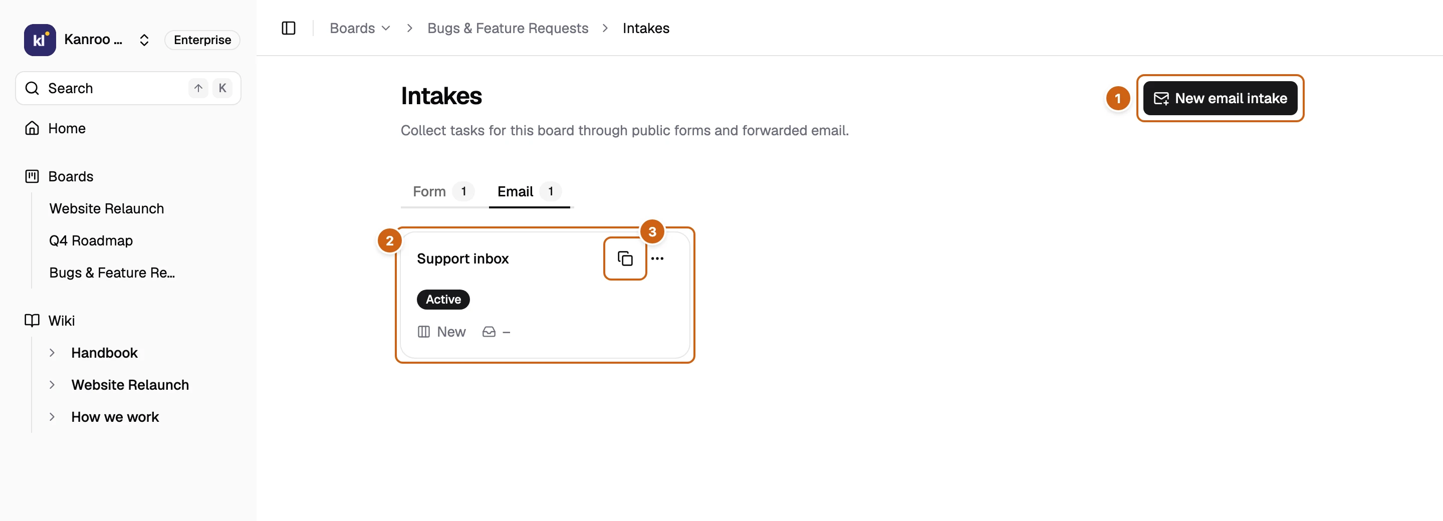 The Email tab of the Intakes page with three numbered boxes: New email intake, the Support inbox card, and the copy button for the address