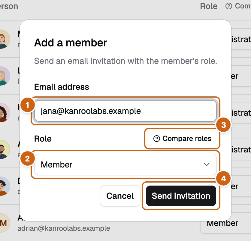 The Add a member dialog with four numbered boxes: Email address, Role, Compare roles, and Send invitation