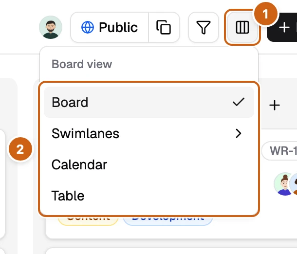 The board view menu with two numbered boxes: the view button and the four views Board, Swimlanes, Calendar, and Table