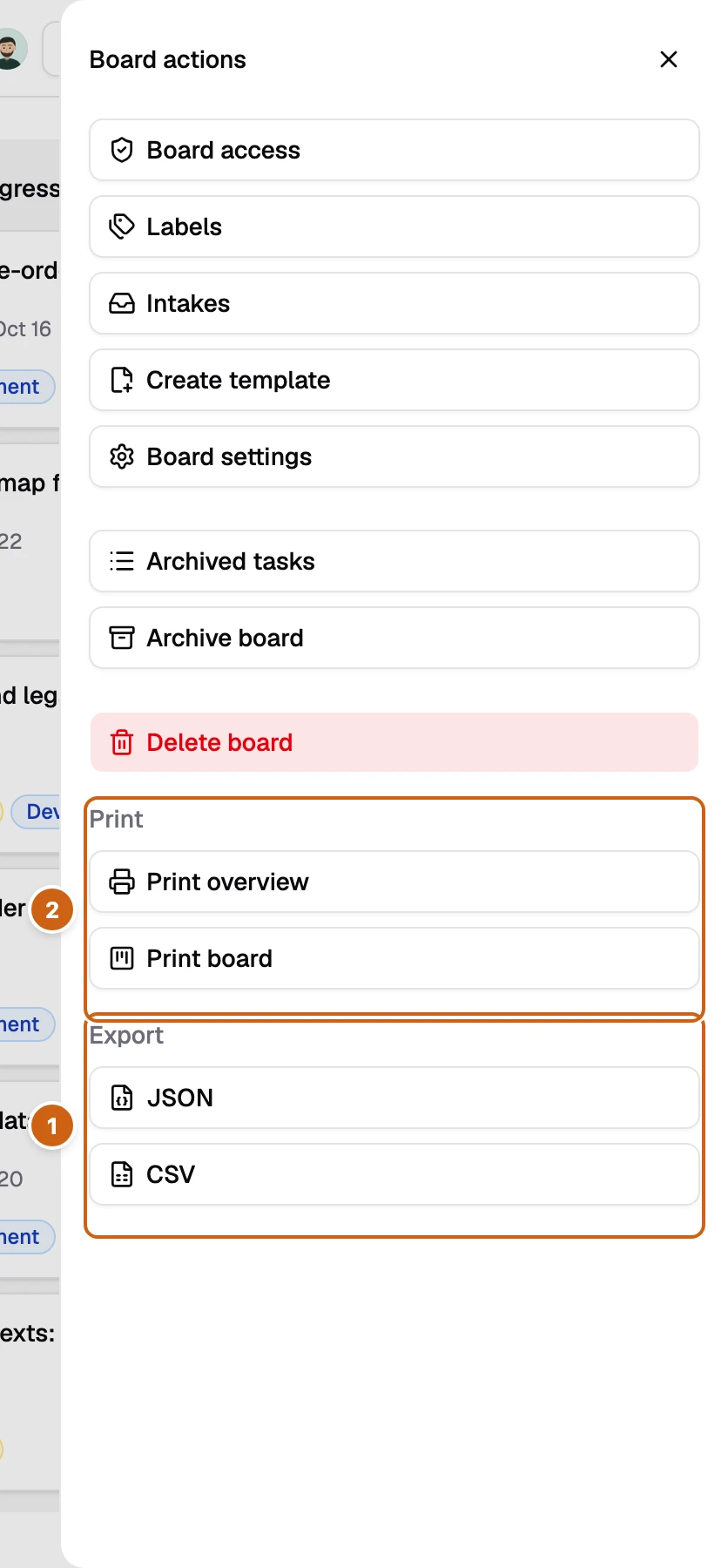 The Board actions panel with two numbered boxes: the Export section with JSON and CSV, and the Print section