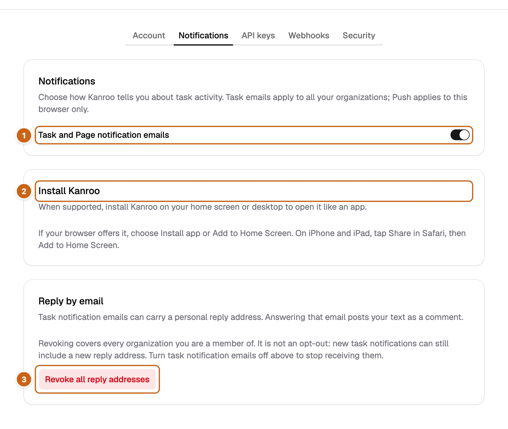 The Notifications tab with three numbered boxes: the email switch, Install Kanroo, and Revoke all reply addresses