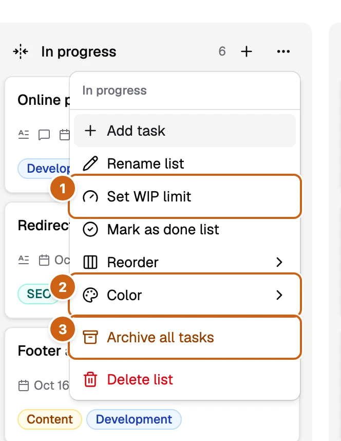 The menu of the In progress list with three numbered boxes: Set WIP limit, Color, and Archive all tasks
