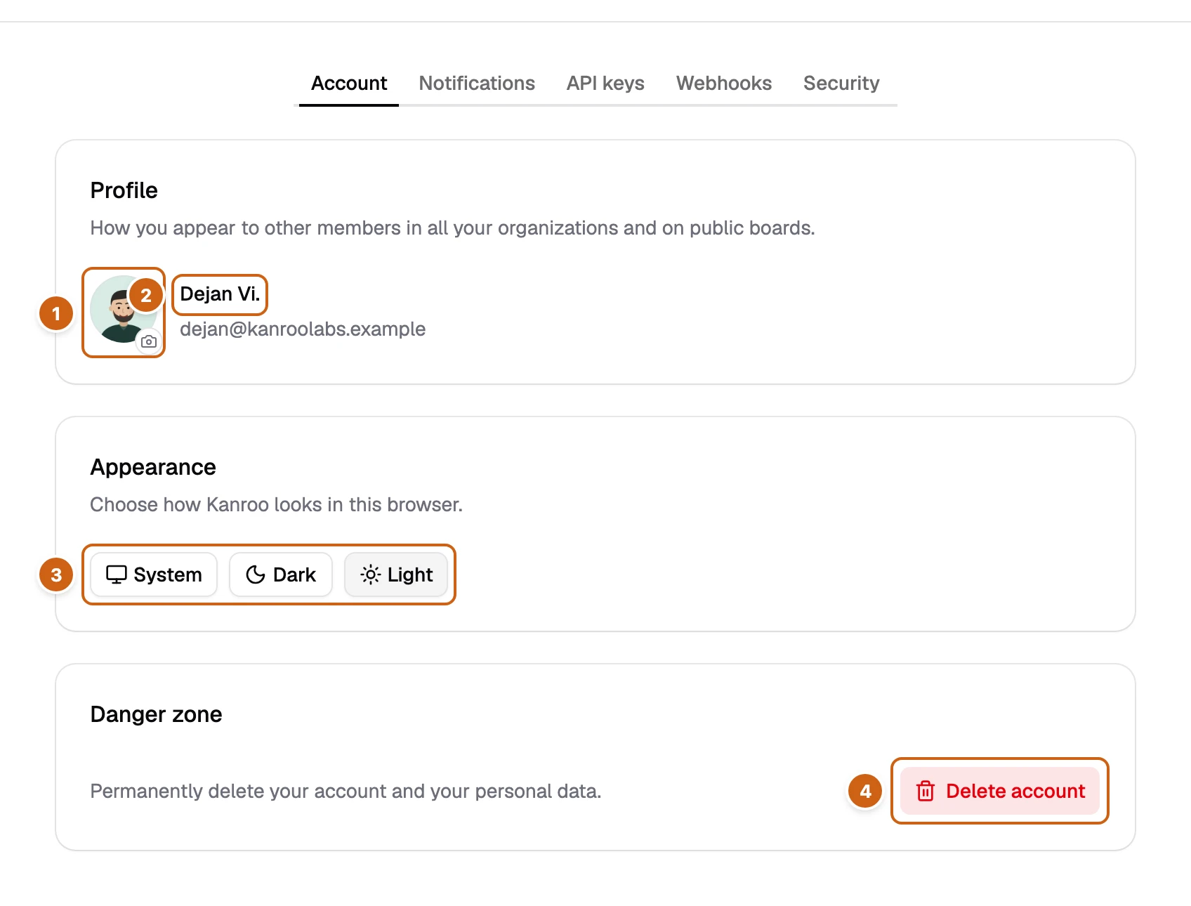 The Account tab with four numbered boxes: Change avatar, the display name, Appearance, and Delete account