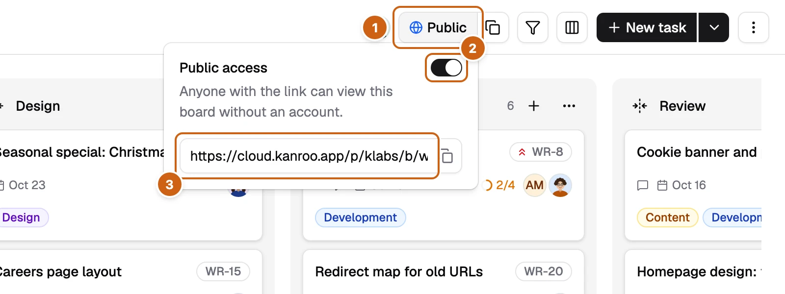 The Public access popover with three numbered boxes: the Public button, the Public access switch, and the public link with its copy button