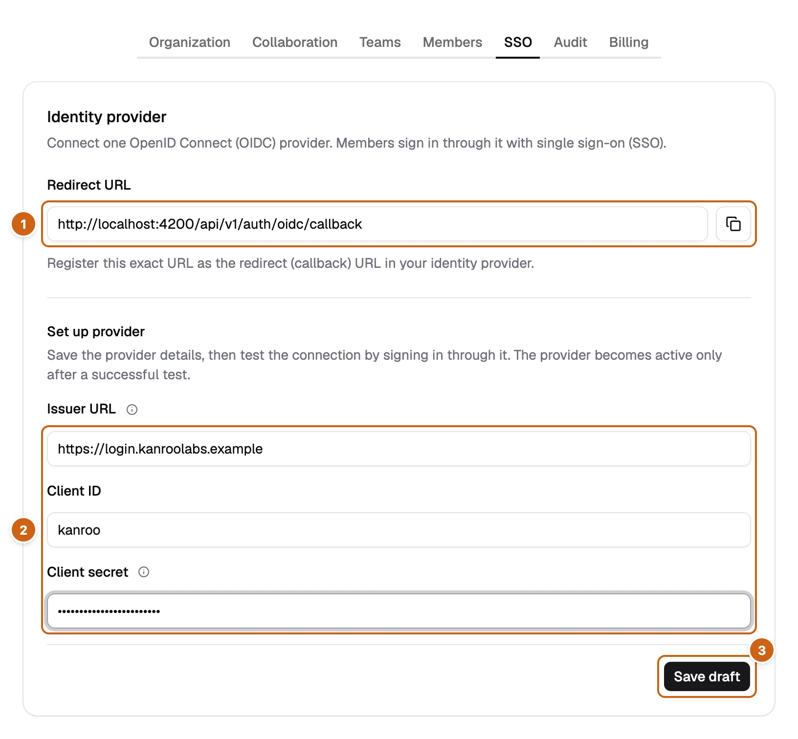The SSO tab with three numbered boxes: the redirect URL, the provider fields, and Save draft