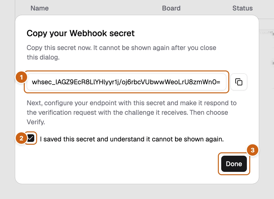 The Copy your Webhook secret dialog with three numbered boxes: the secret, the confirmation, and Done
