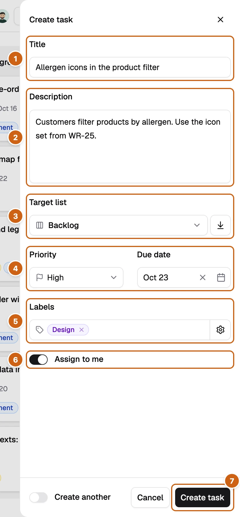 Das Panel Create task mit sieben nummerierten Rahmen: Title, Description, Target list, Priority und Due date, Labels, Assign to me und Create task