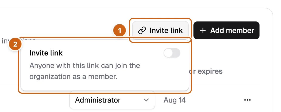 The Invite link popover with its switch, next to the Invite link and Add member buttons