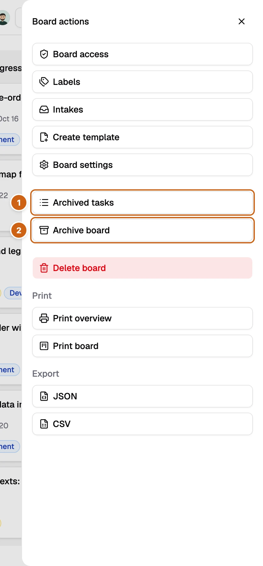 The Board actions panel with two numbered boxes: Archived tasks and Archive board