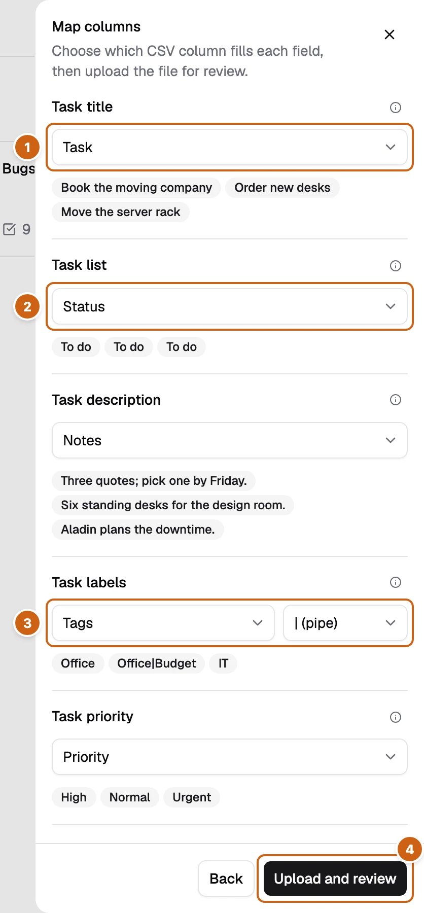 The Map columns step with four numbered boxes: Task title, Task list, Task labels with the separator, and Upload and review