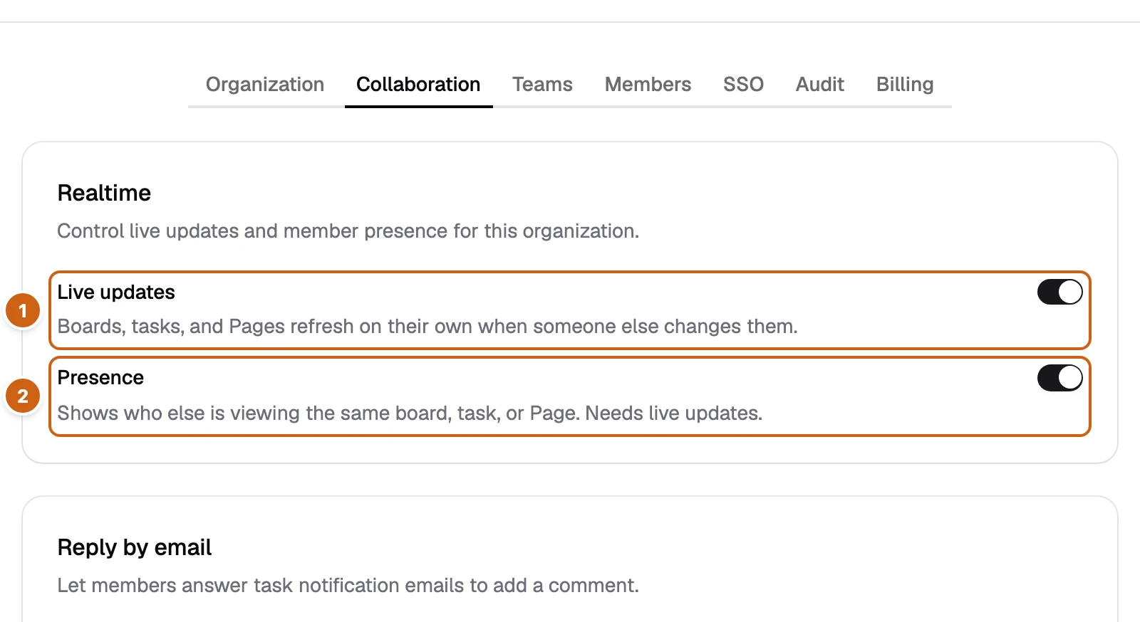 Der Tab Collaboration der Organisationseinstellungen mit zwei nummerierten Rahmen: Live updates und Presence