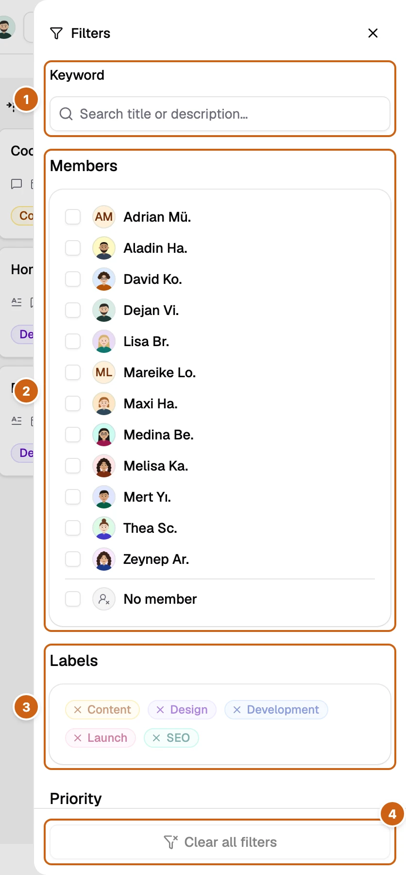 The Filters panel with four numbered boxes: Keyword, Members, Labels, and Clear all filters