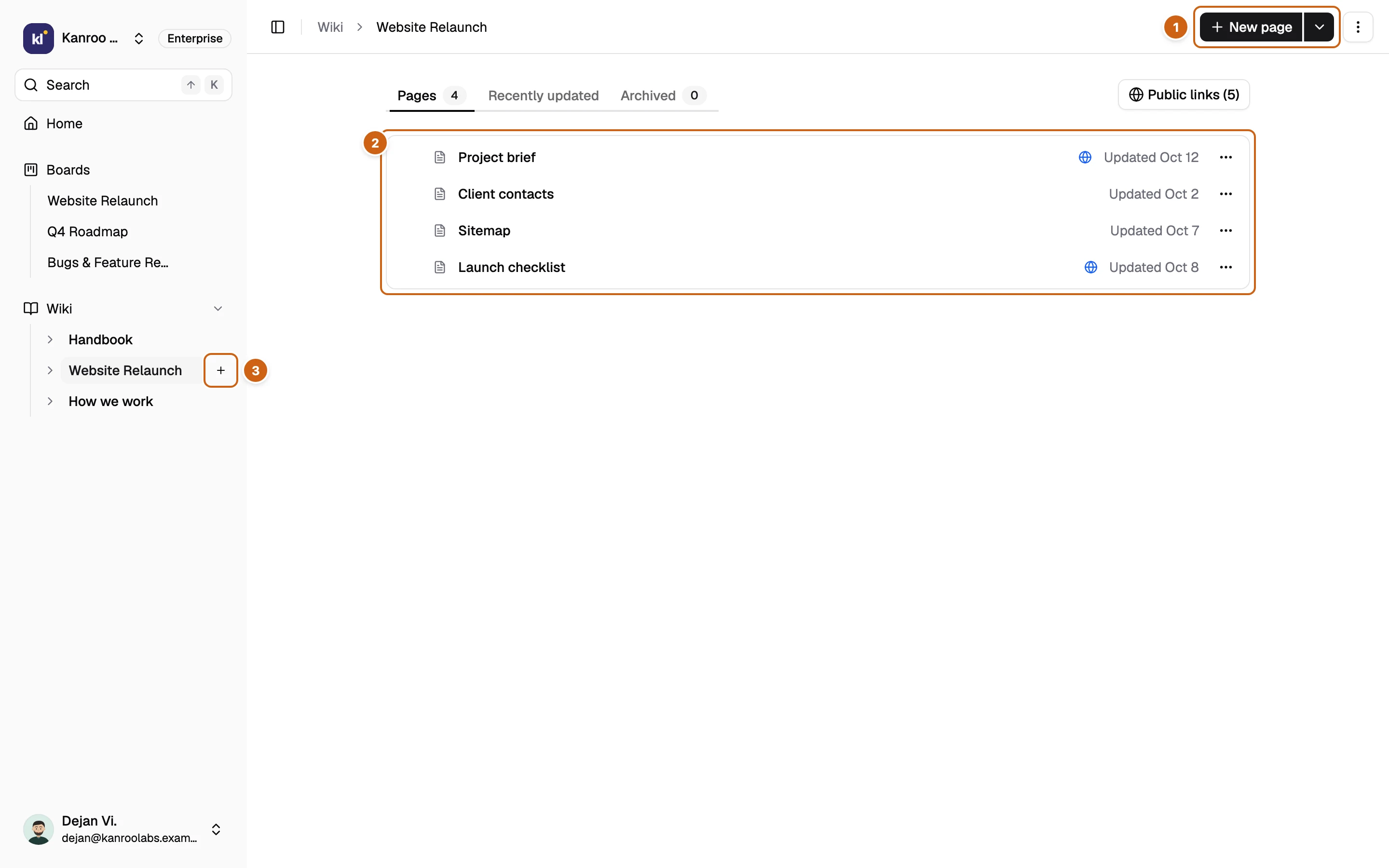 A Space overview with three numbered boxes: the New page button, the page tree, and the plus button in the sidebar