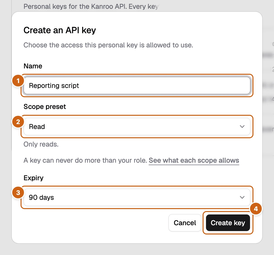 The Create an API key dialog with four numbered boxes: Name, Scope preset, Expiry, and Create key