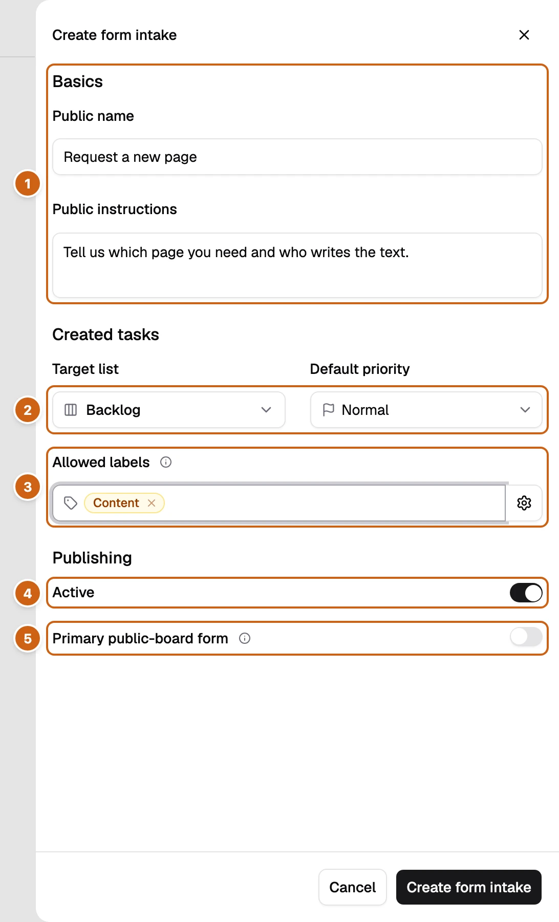 The Create form intake panel with five numbered boxes: Basics, Target list and Default priority, Allowed labels, Active, and Primary public-board form
