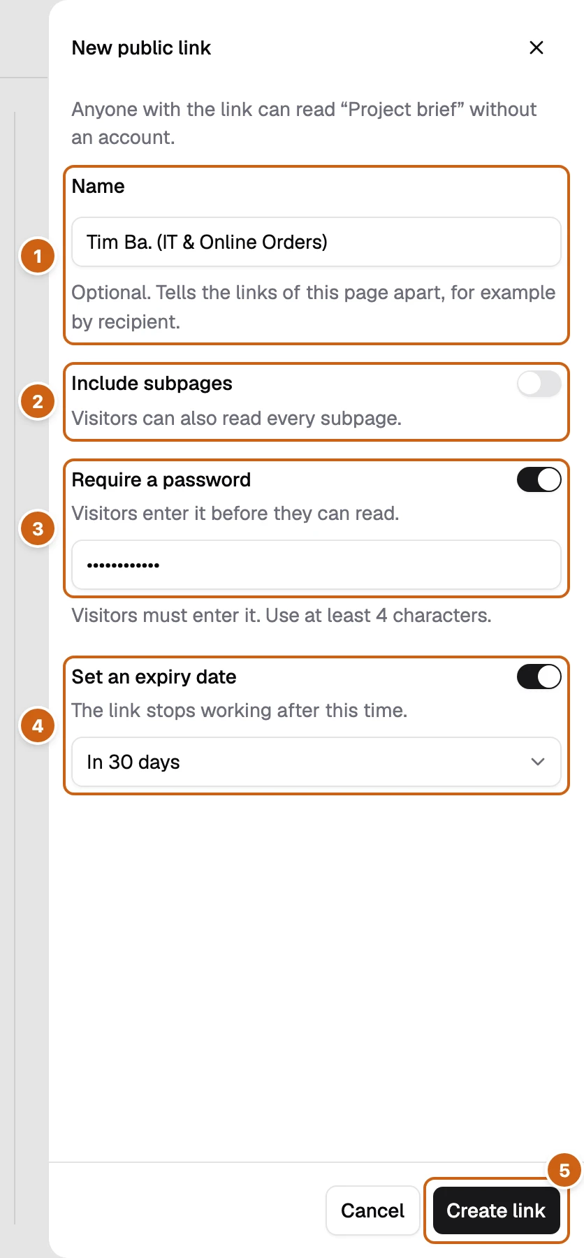 The New public link panel with five numbered boxes: Name, Include subpages, Require a password, Set an expiry date, and Create link