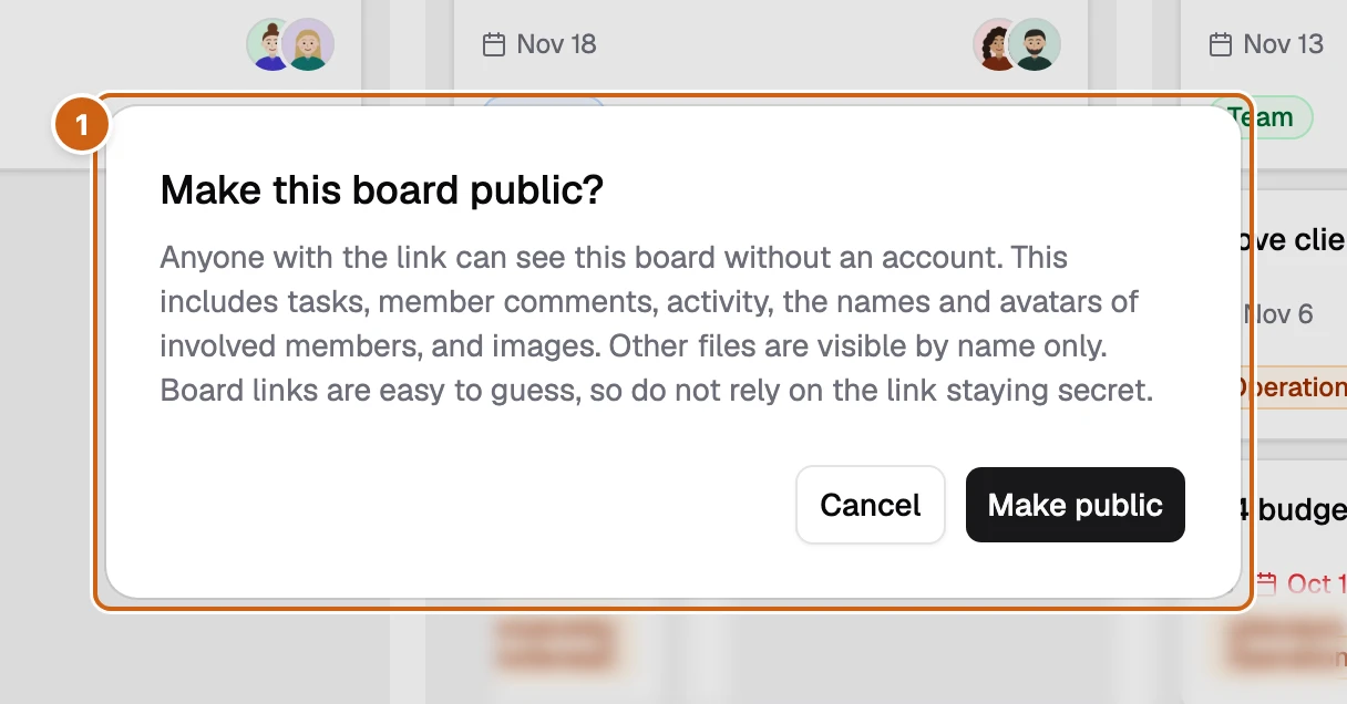 The confirmation dialog that explains what visitors of a public board can see