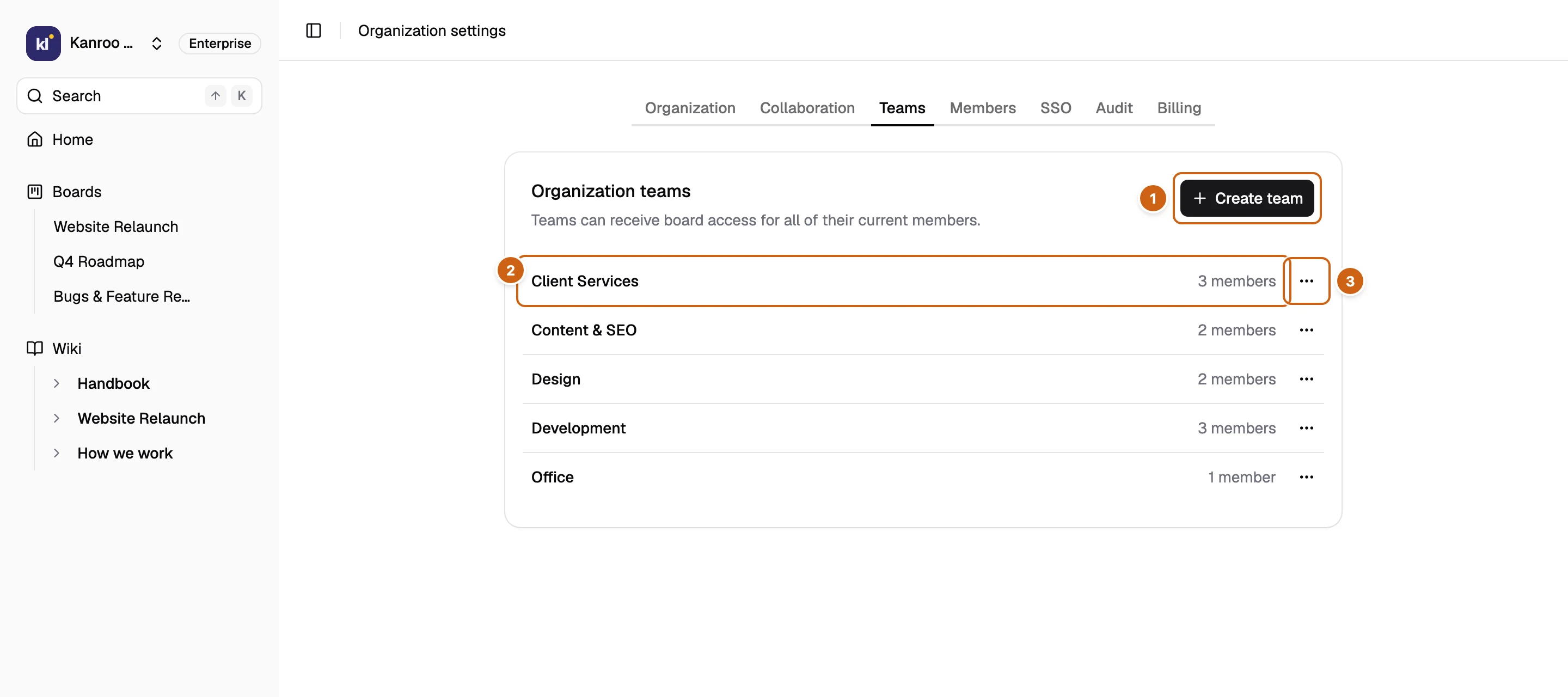 The Teams tab with three numbered boxes: Create team, the Client Services team, and its team menu