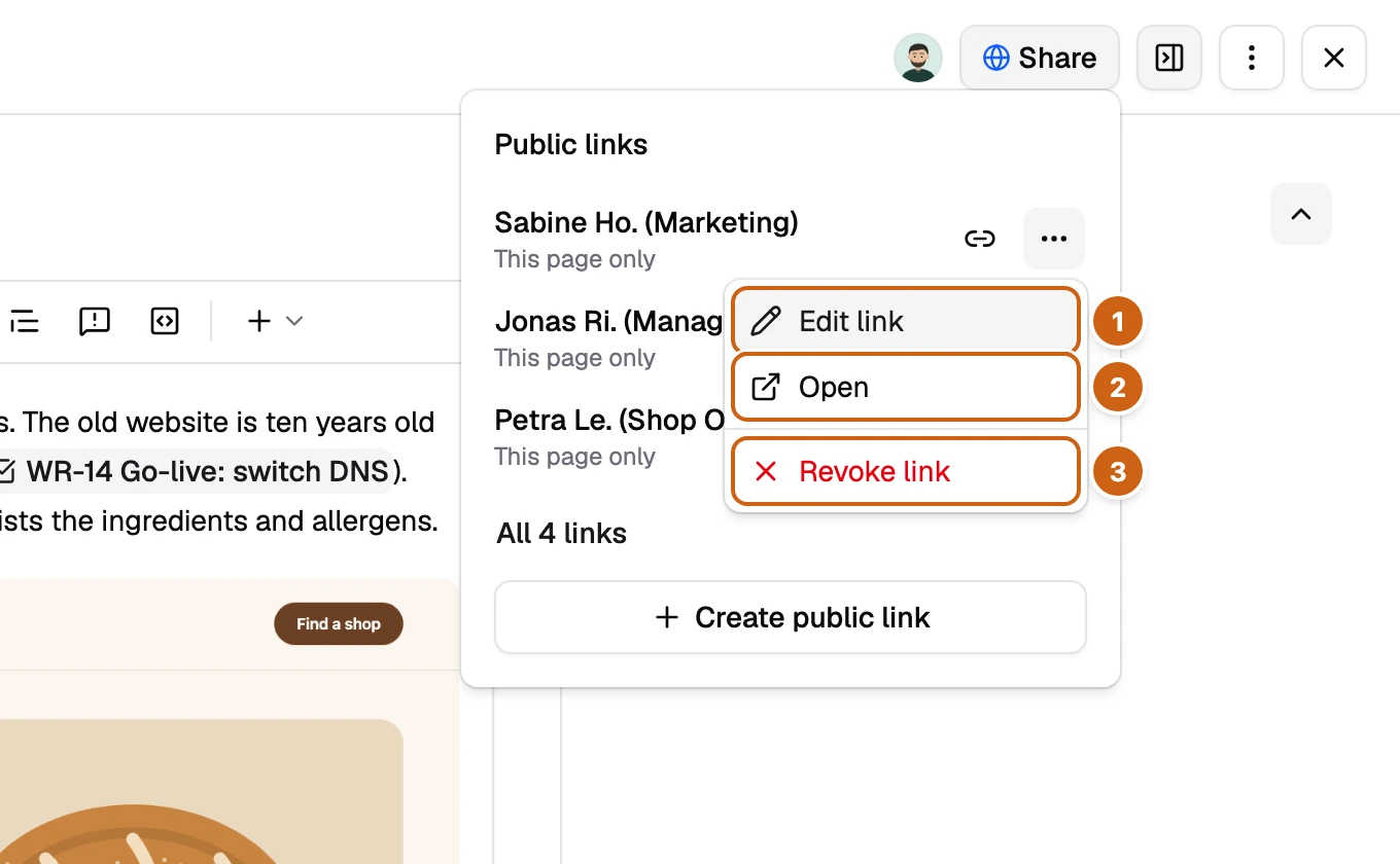The menu of a link row with three numbered boxes: Edit link, Open, and Revoke link
