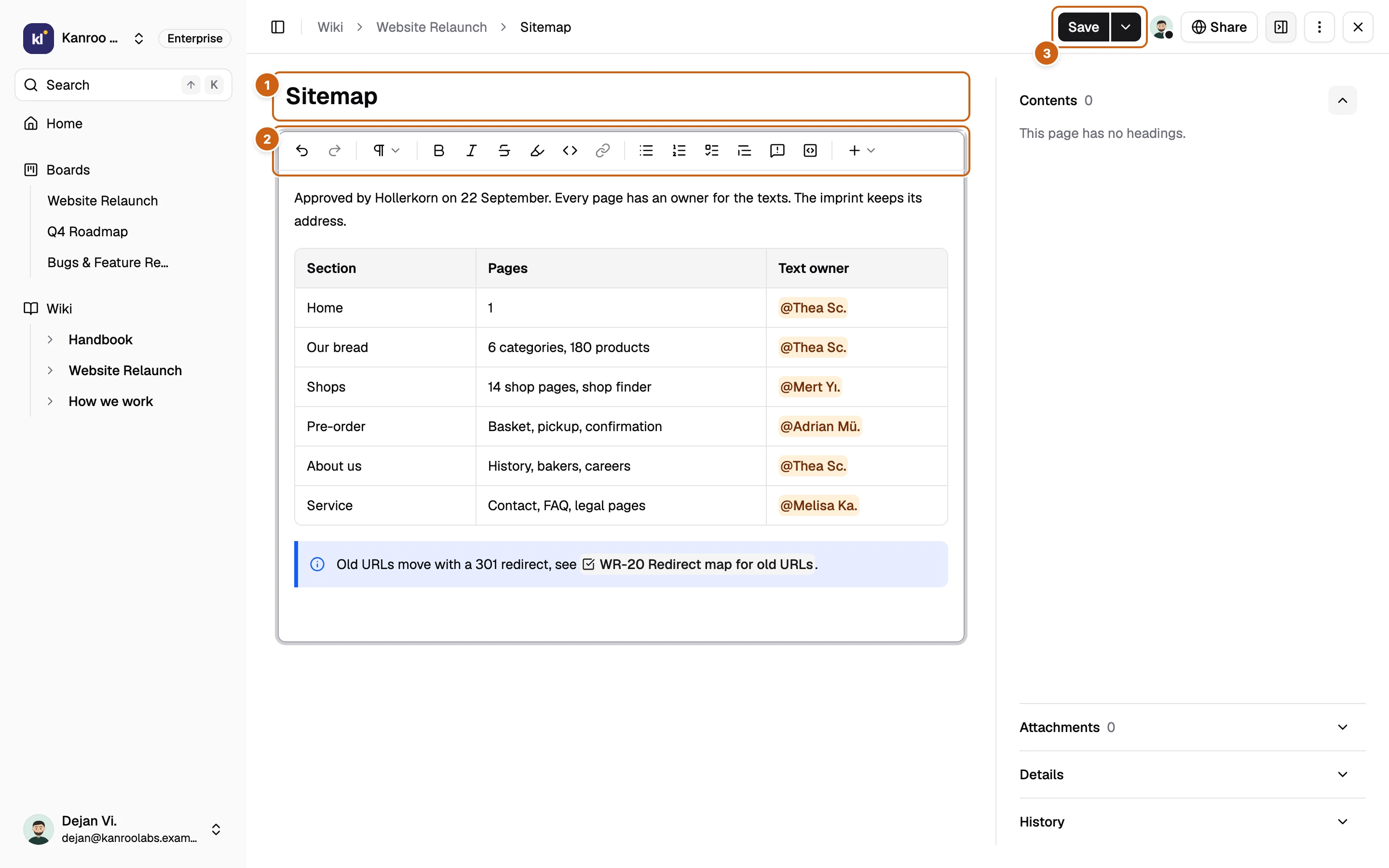 A page in edit mode with three numbered boxes: the title, the formatting toolbar, and the Save button