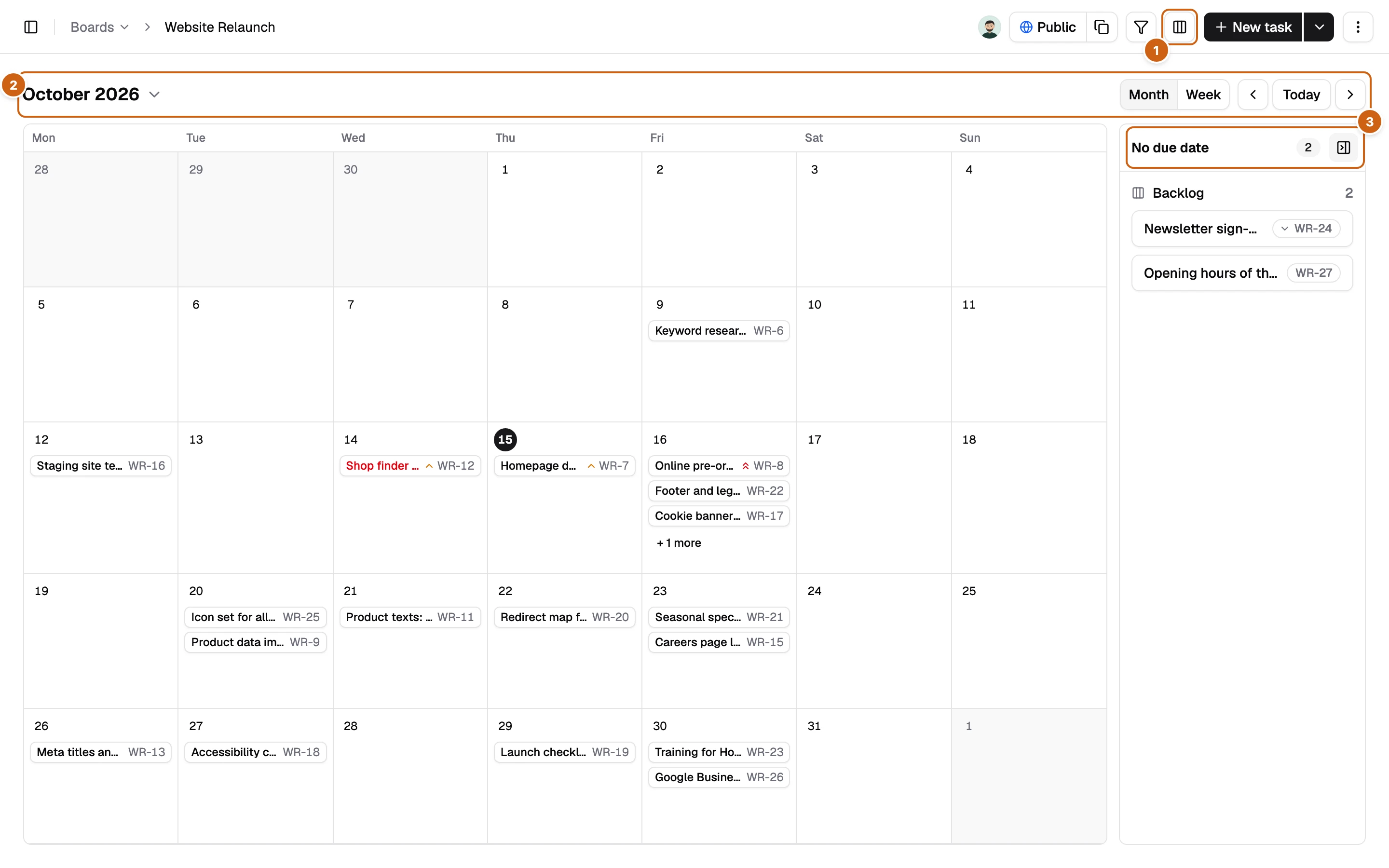 The calendar view with three numbered boxes: the view button, the month header with Month, Week, and Today, and the No due date panel