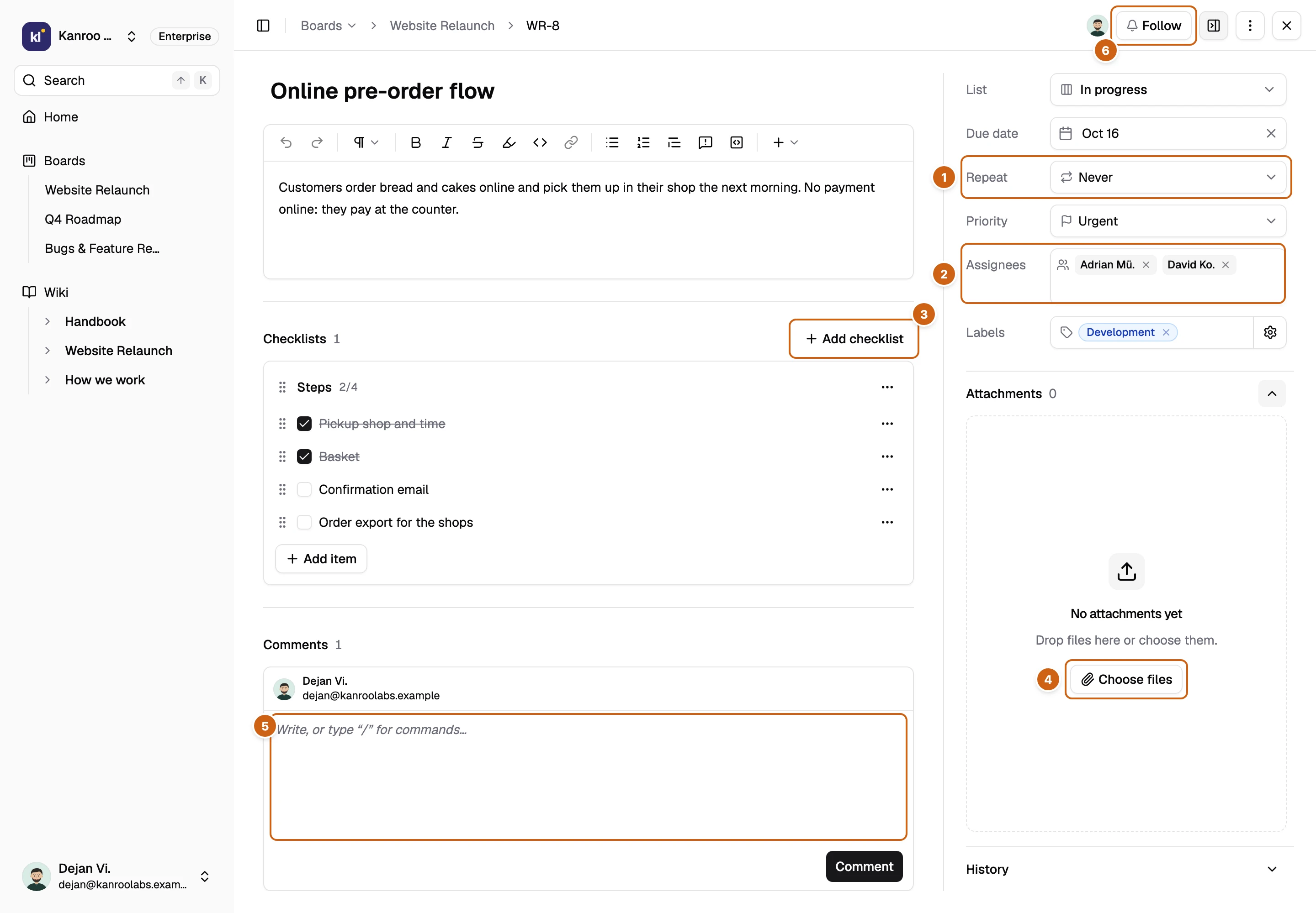 Eine Aufgabenseite mit sechs nummerierten Rahmen: Repeat, Assignees, Add checklist, Choose files, das Kommentarfeld und Follow