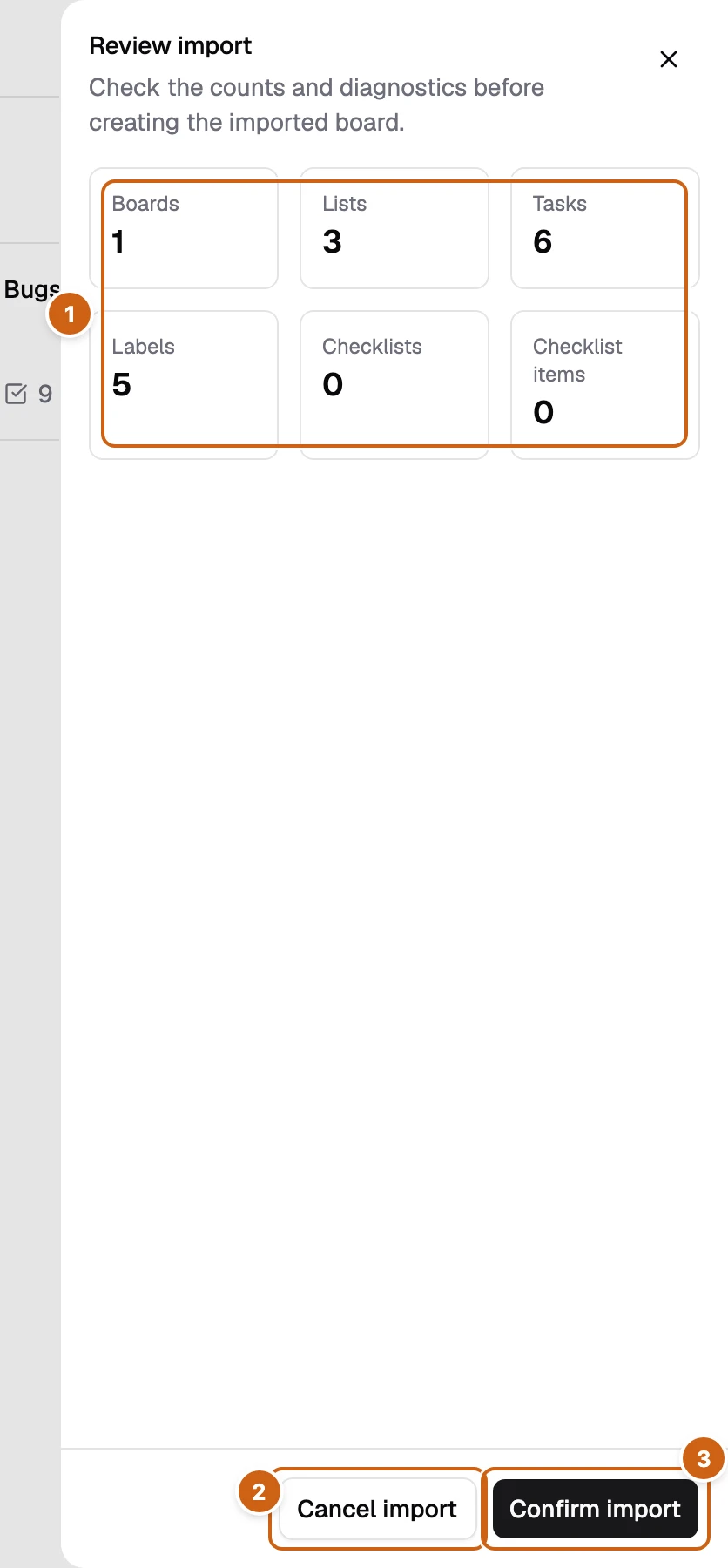 The Review import step with three numbered boxes: the counts, Cancel import, and Confirm import