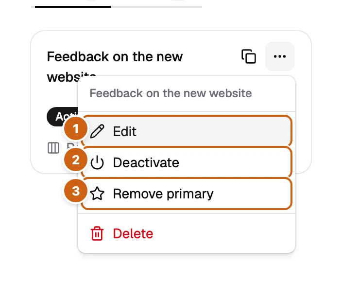 The menu of a form card with three numbered boxes: Edit, Deactivate, and Remove primary