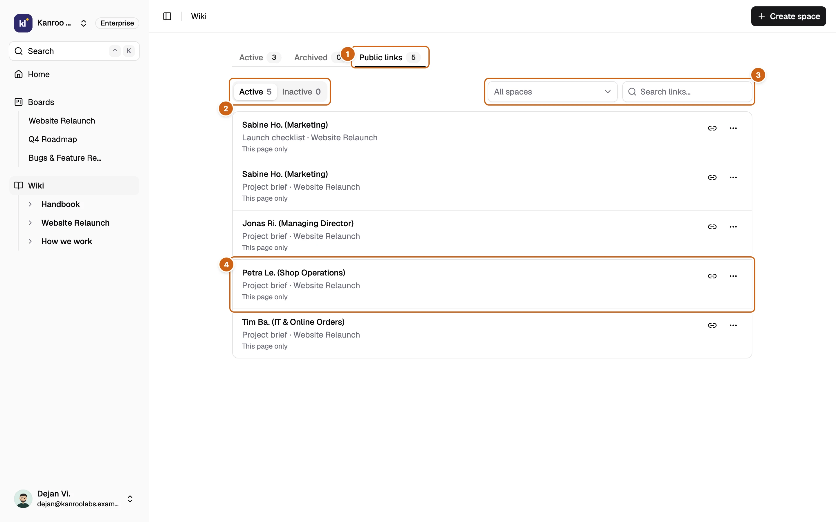 The Public links tab of the Wiki page with four numbered boxes: the tab, Active and Inactive, the Space filter and search, and one link row