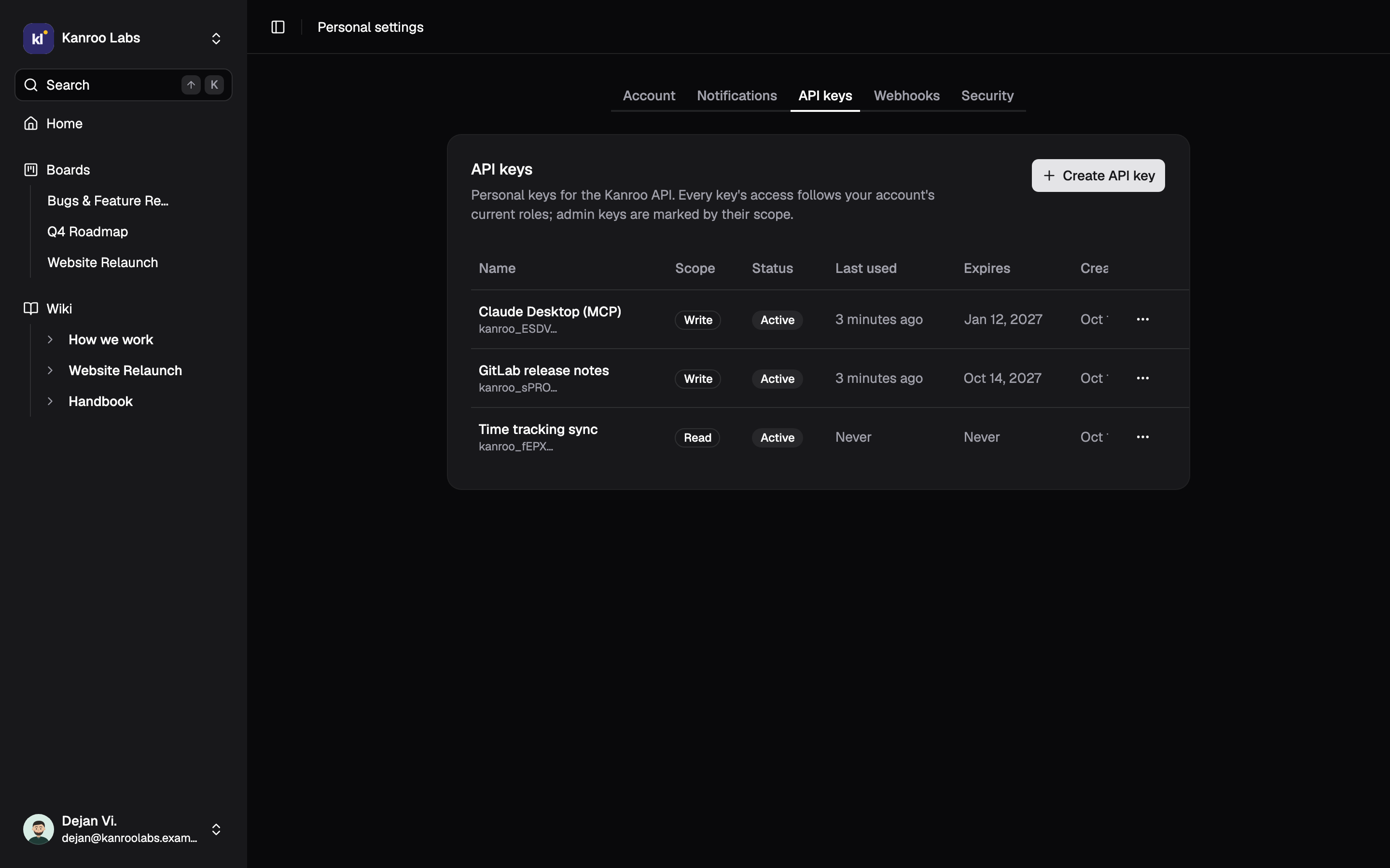 Personal settings, API keys tab: three keys, among them “Claude Desktop (MCP)”, with name, scope (Write or Read), status, last use and expiry.