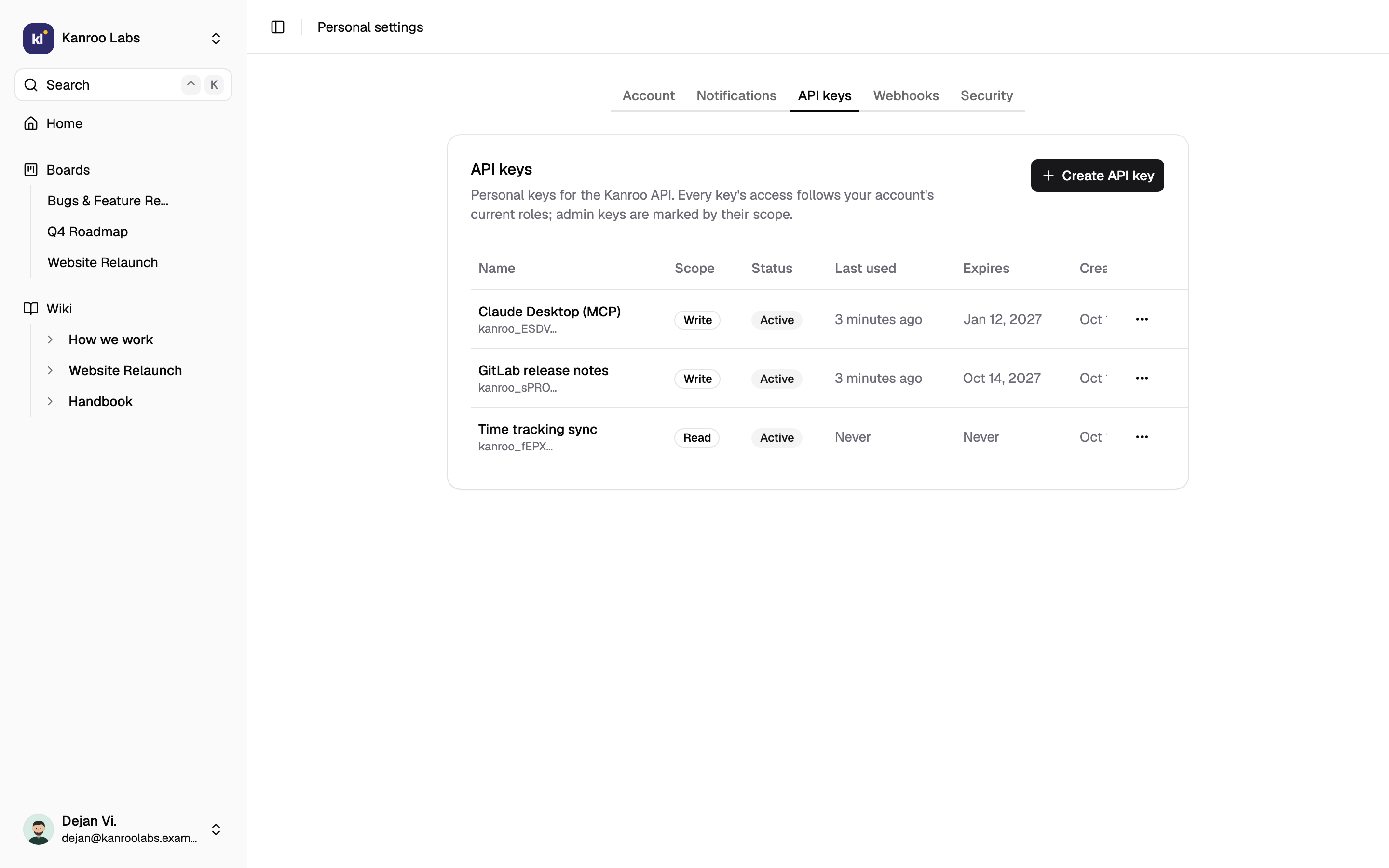 Personal settings, API keys tab: three keys, among them “Claude Desktop (MCP)”, with name, scope (Write or Read), status, last use and expiry.