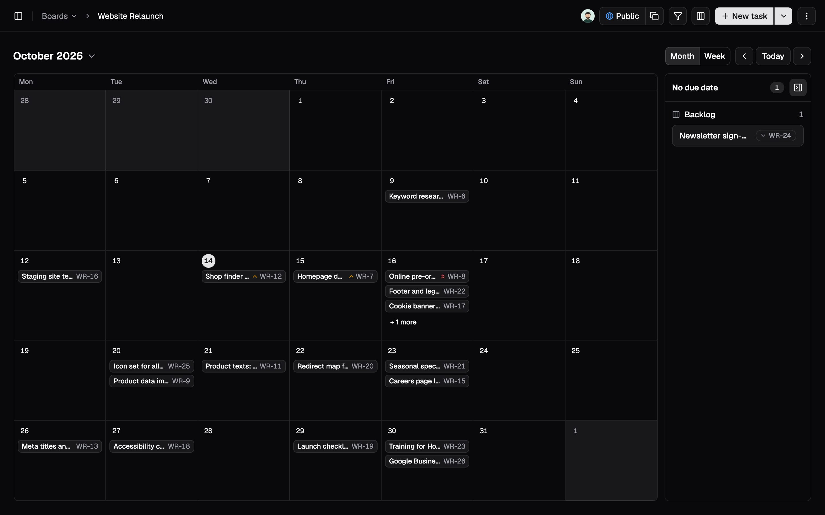 October as a month calendar, with a panel for tasks without a due date. Drag a task to change its due date.
