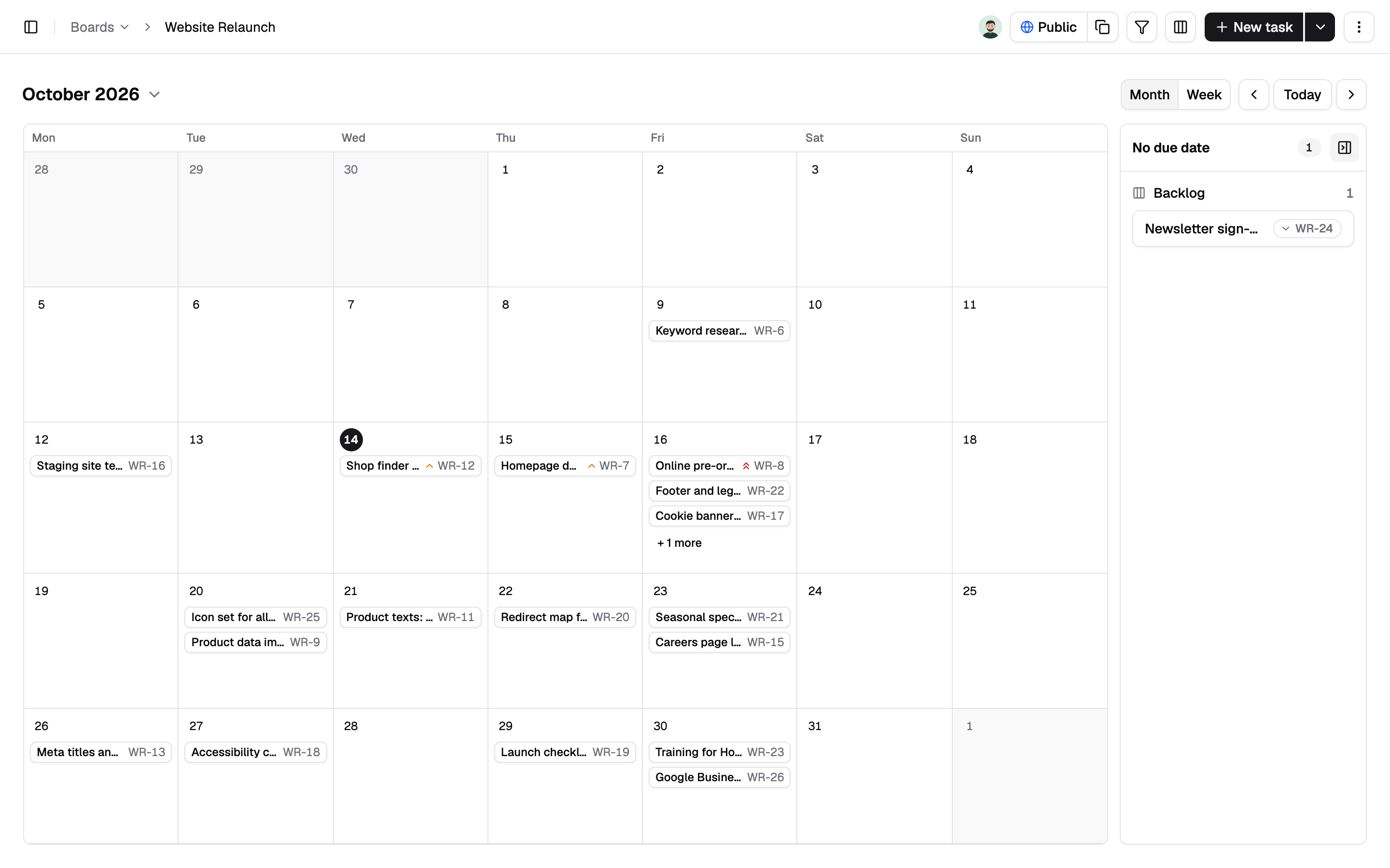 October as a month calendar, with a panel for tasks without a due date. Drag a task to change its due date.