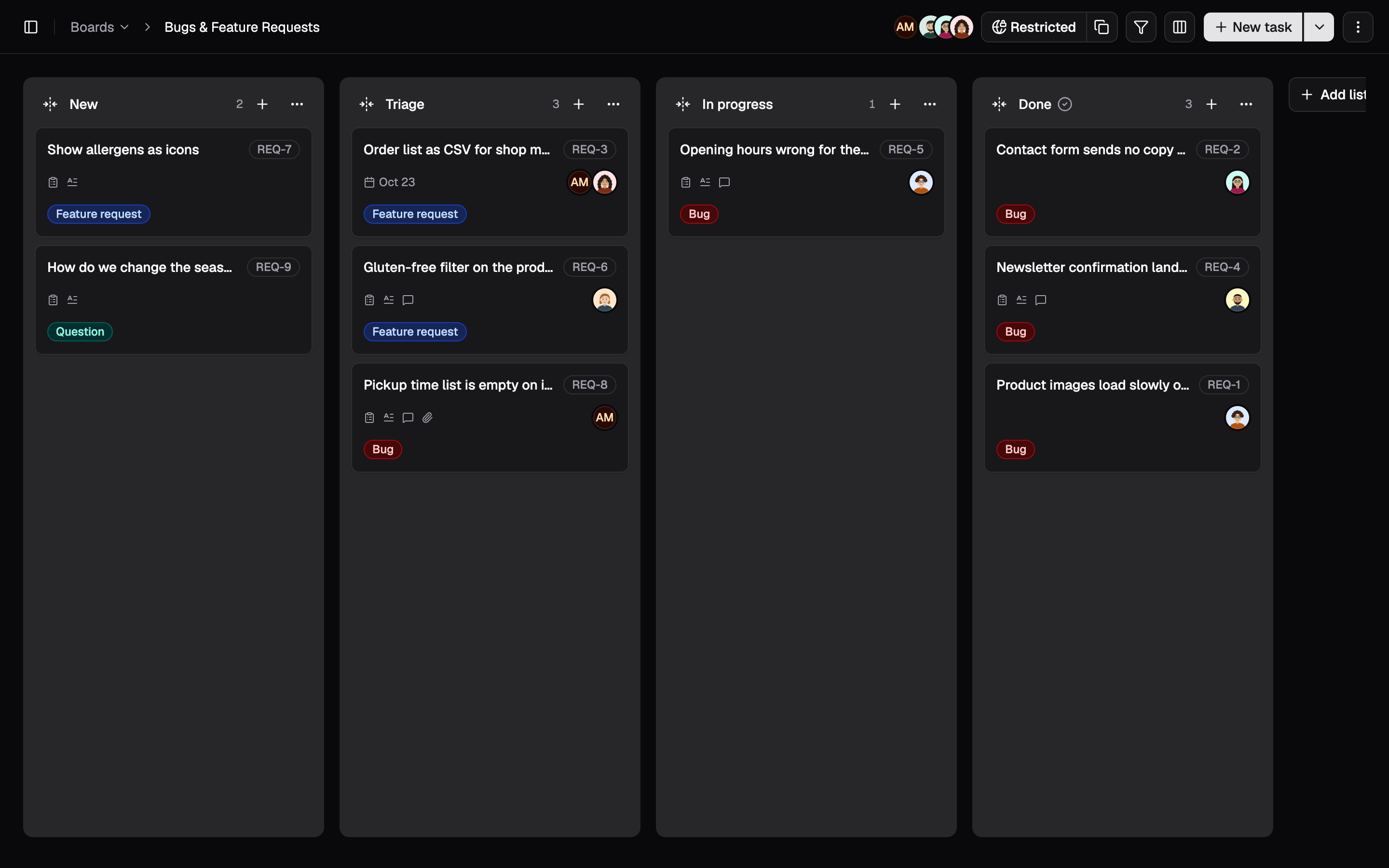 How requests look on a Kanroo board: the demo board “Bugs & Feature Requests” with the lists New, Triage, In progress and Done, filled by a public form.