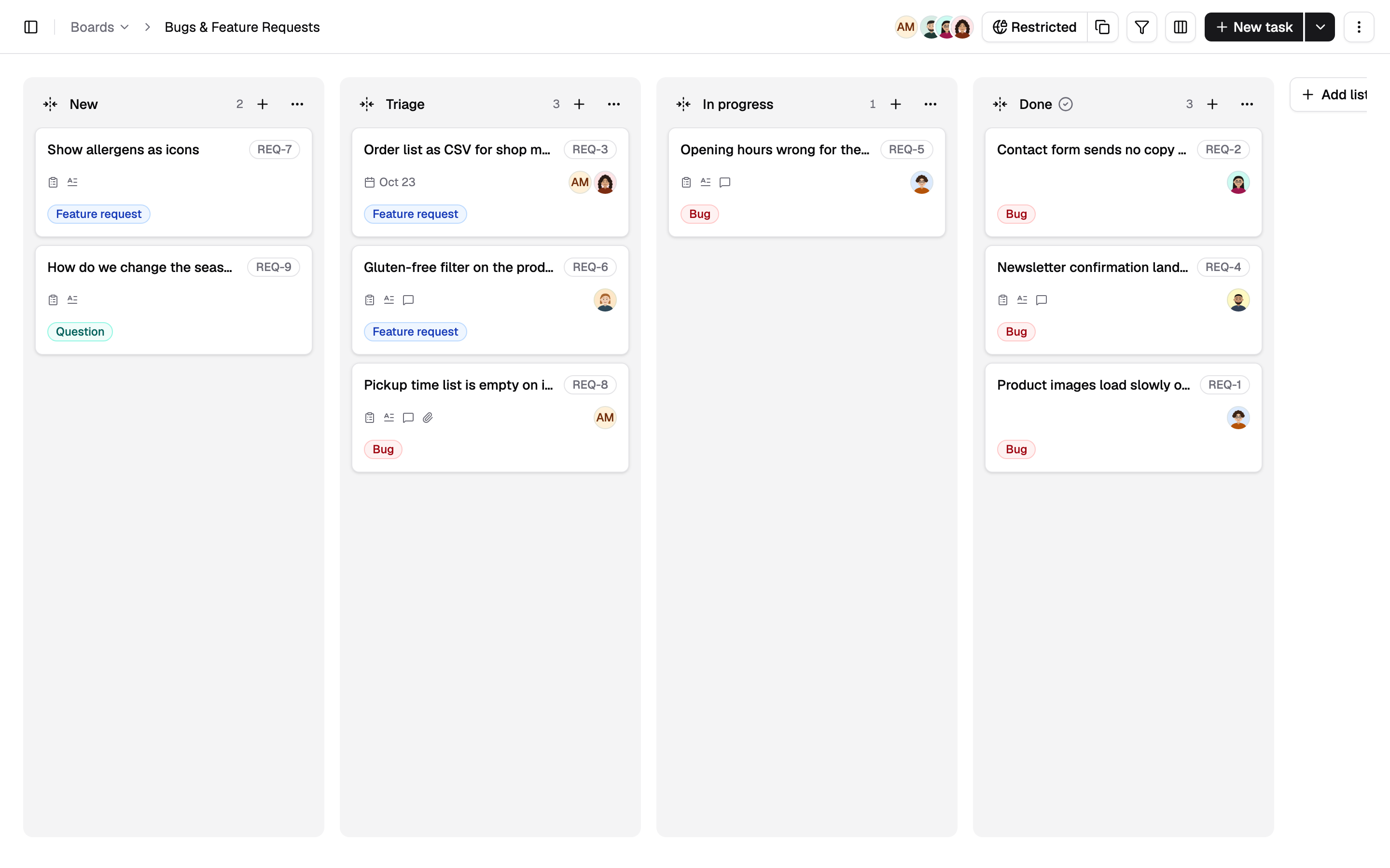 How requests look on a Kanroo board: the demo board “Bugs & Feature Requests” with the lists New, Triage, In progress and Done, filled by a public form.