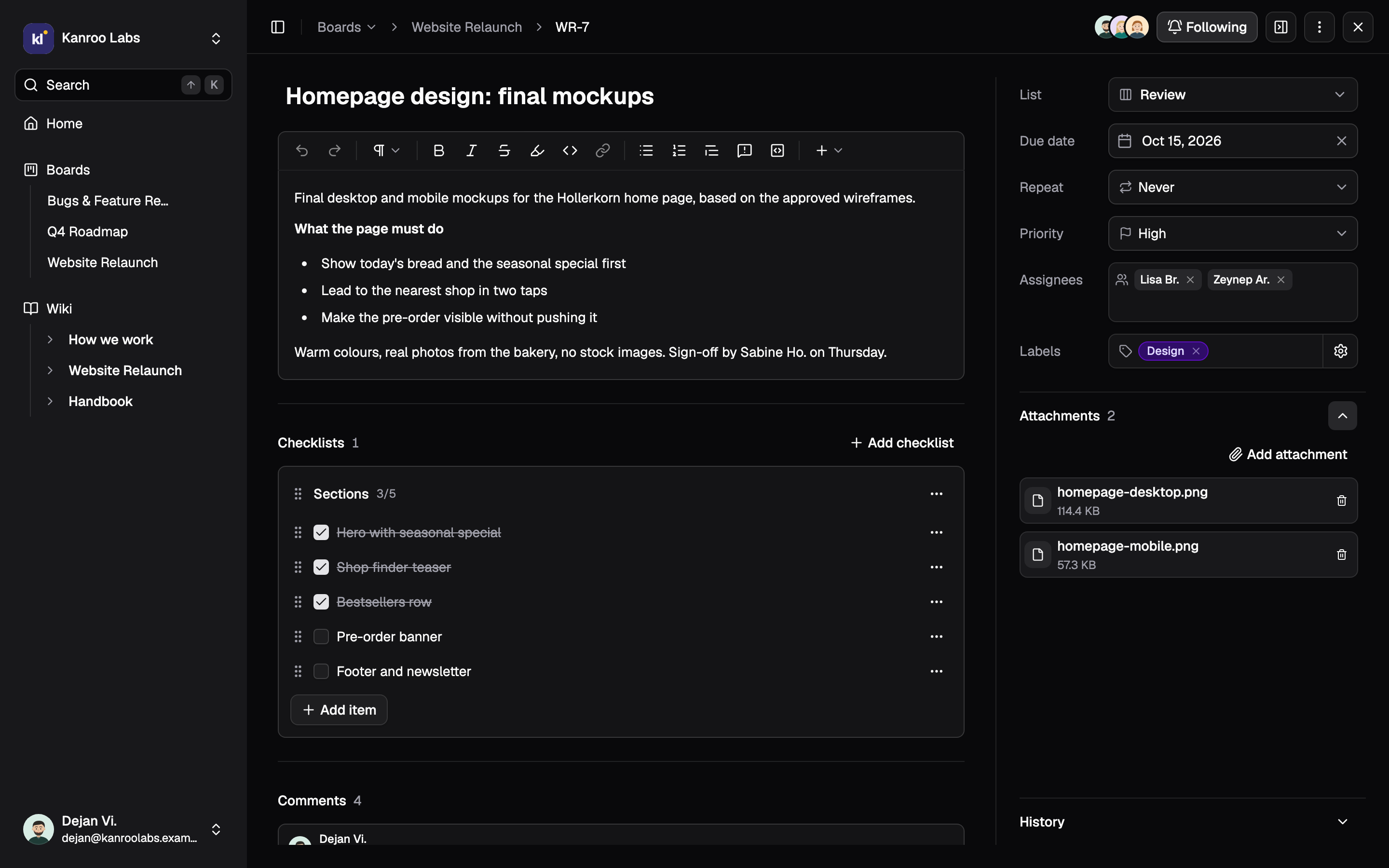 The task “Homepage design: final mockups” with a formatted description, a checklist at 3 of 5, list, due date, repeat, priority, two assignees, a label and two attachments.