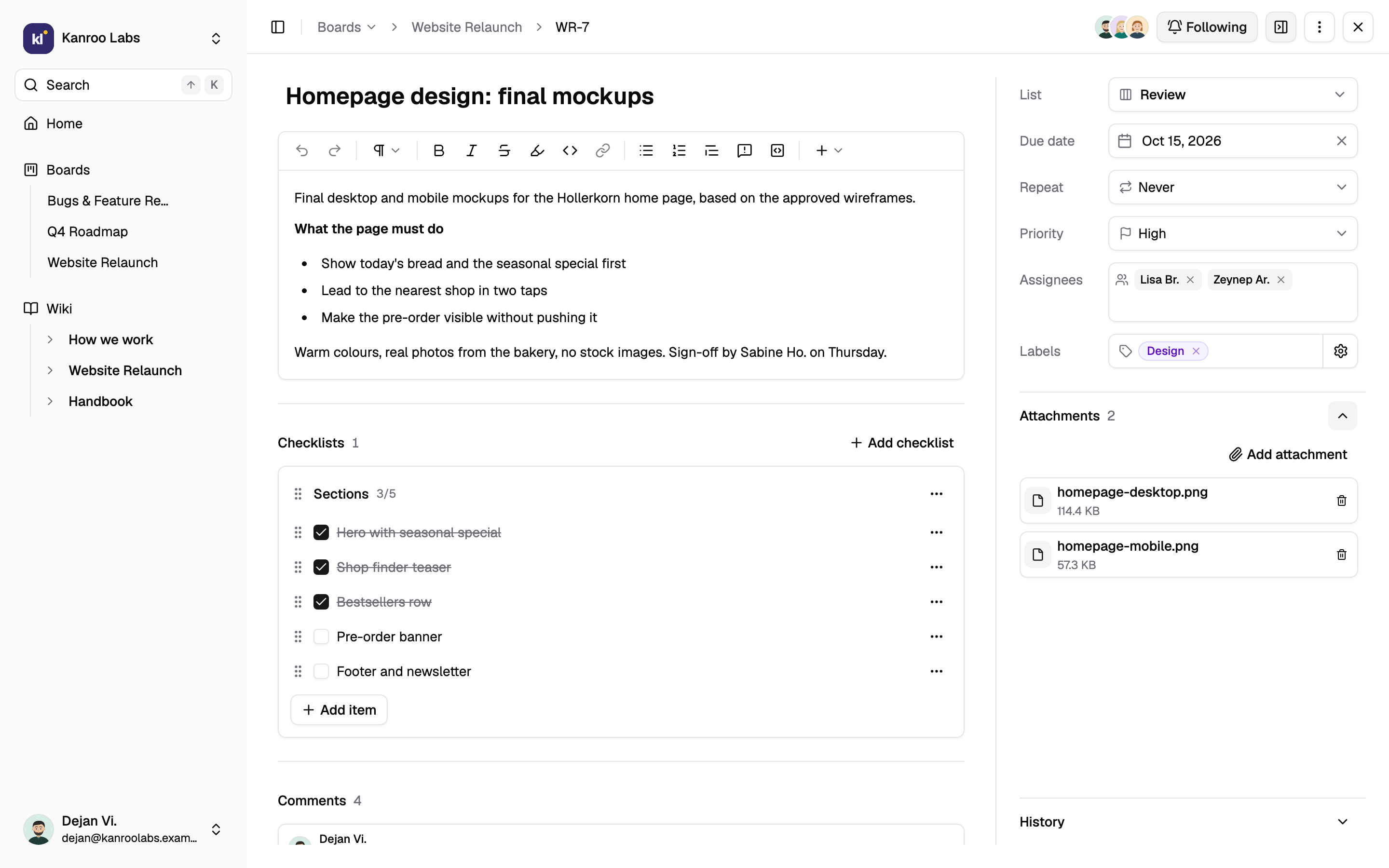 The task “Homepage design: final mockups” with a formatted description, a checklist at 3 of 5, list, due date, repeat, priority, two assignees, a label and two attachments.
