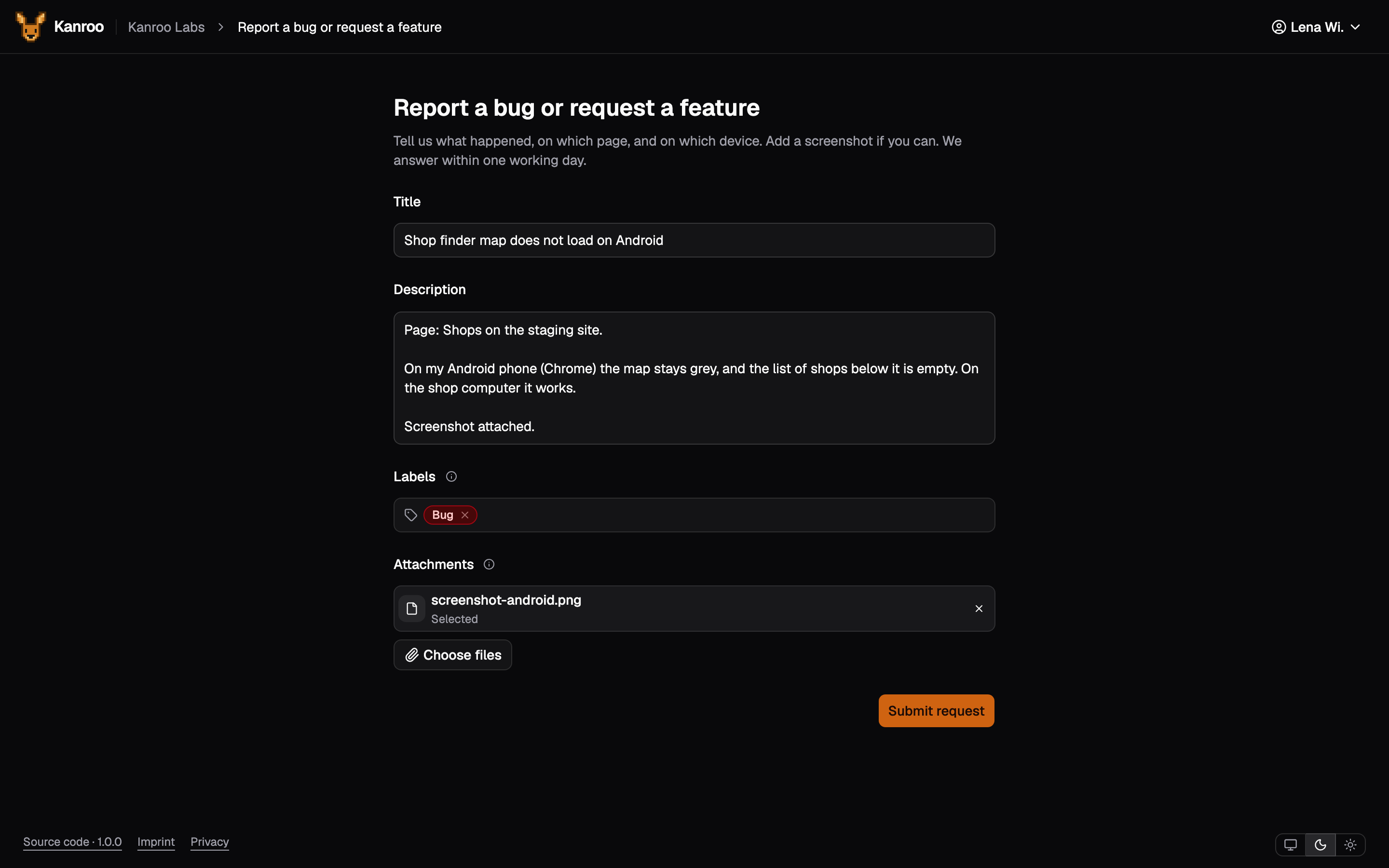 The public form "Report a bug or request a feature", filled in by a client: a title, a description, the label Bug and a screenshot.
