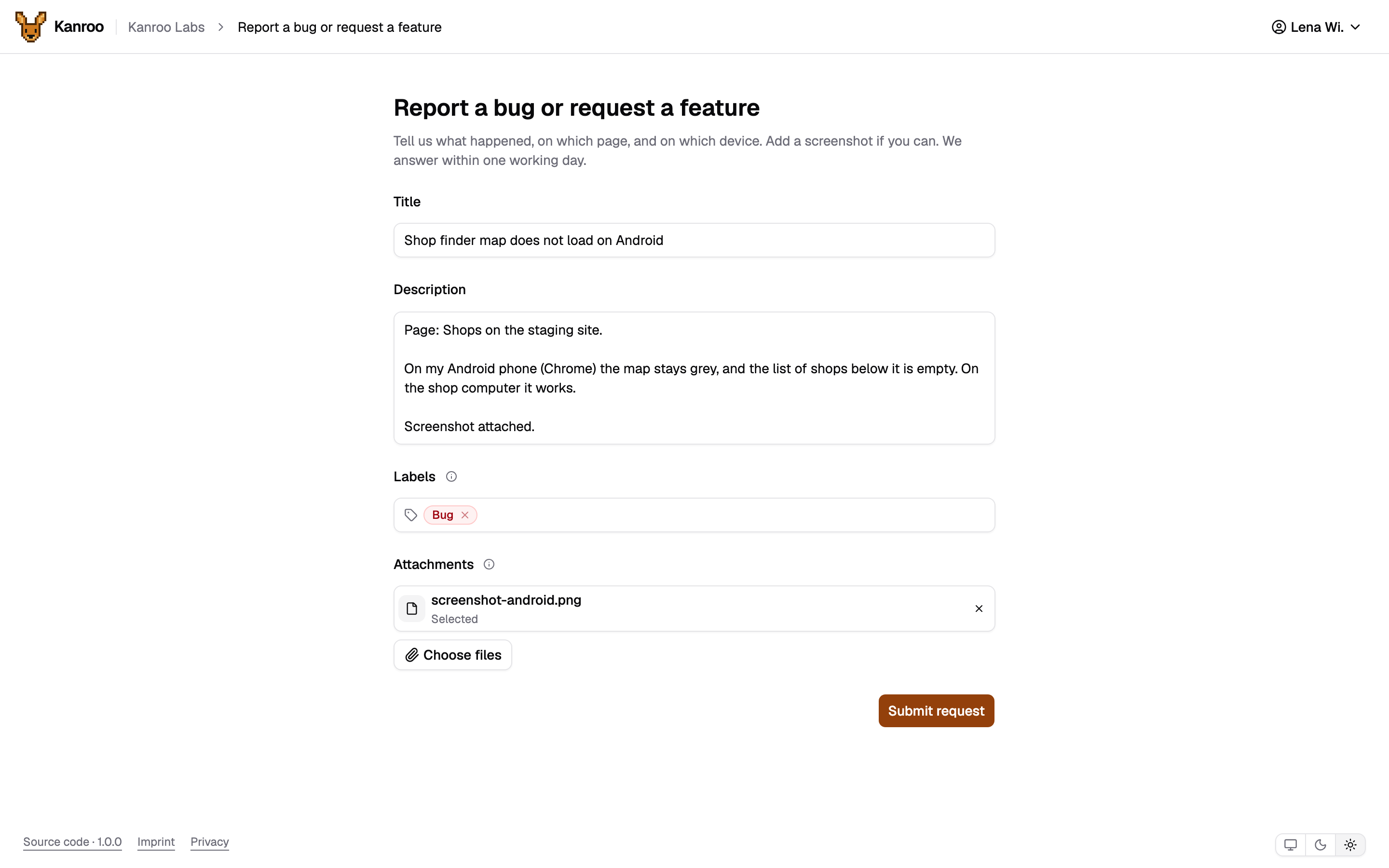 The public form "Report a bug or request a feature", filled in by a client: a title, a description, the label Bug and a screenshot.