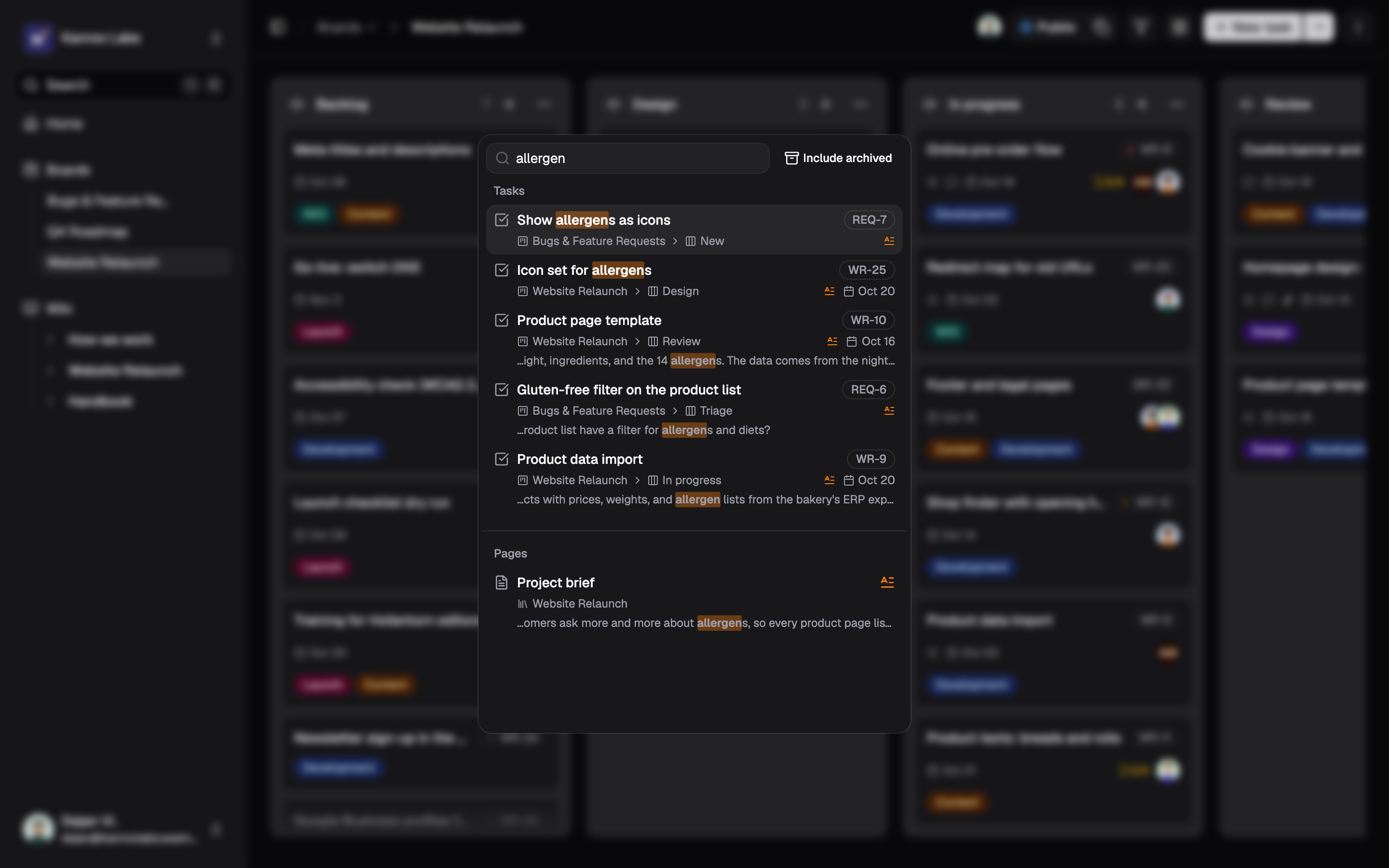 The search dialog with the query “allergen”: five matching tasks from two boards and one wiki page, with the match highlighted in titles and text snippets.